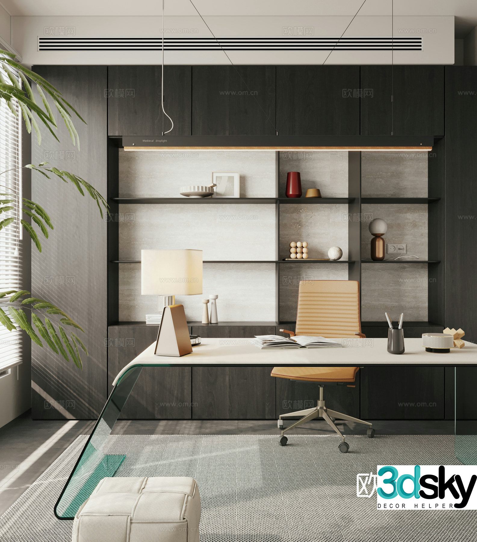 Italian minimalist study Italian office desk and chair bay window study villa study open study 3D model