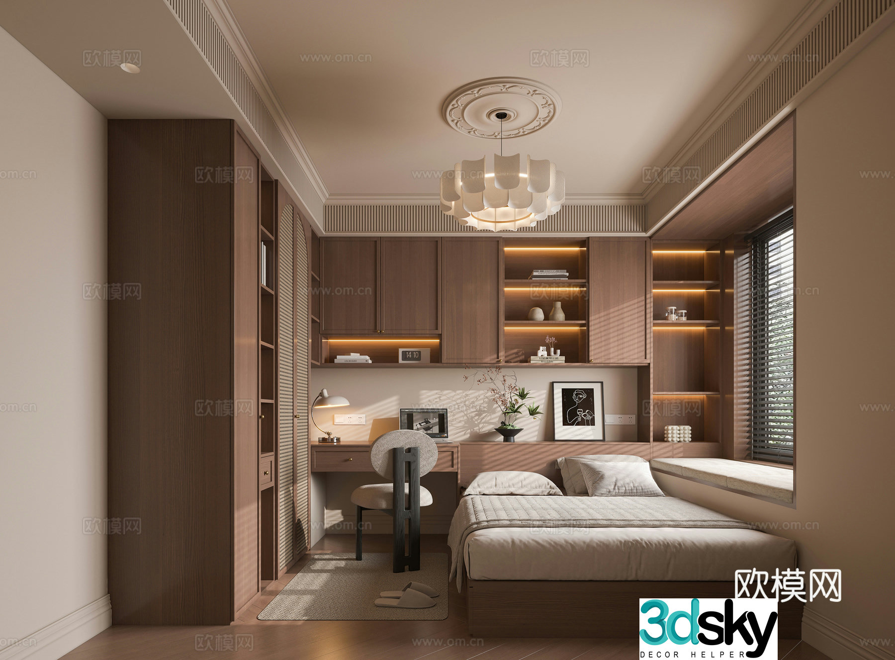 Middle style tatami room boy room bay window bedroom wardrobe desk combination open grid decorative cabinet art chandeliers 3D model
