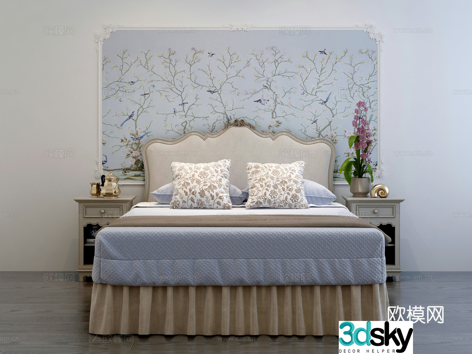 Simple European double bed nightstand 3D model