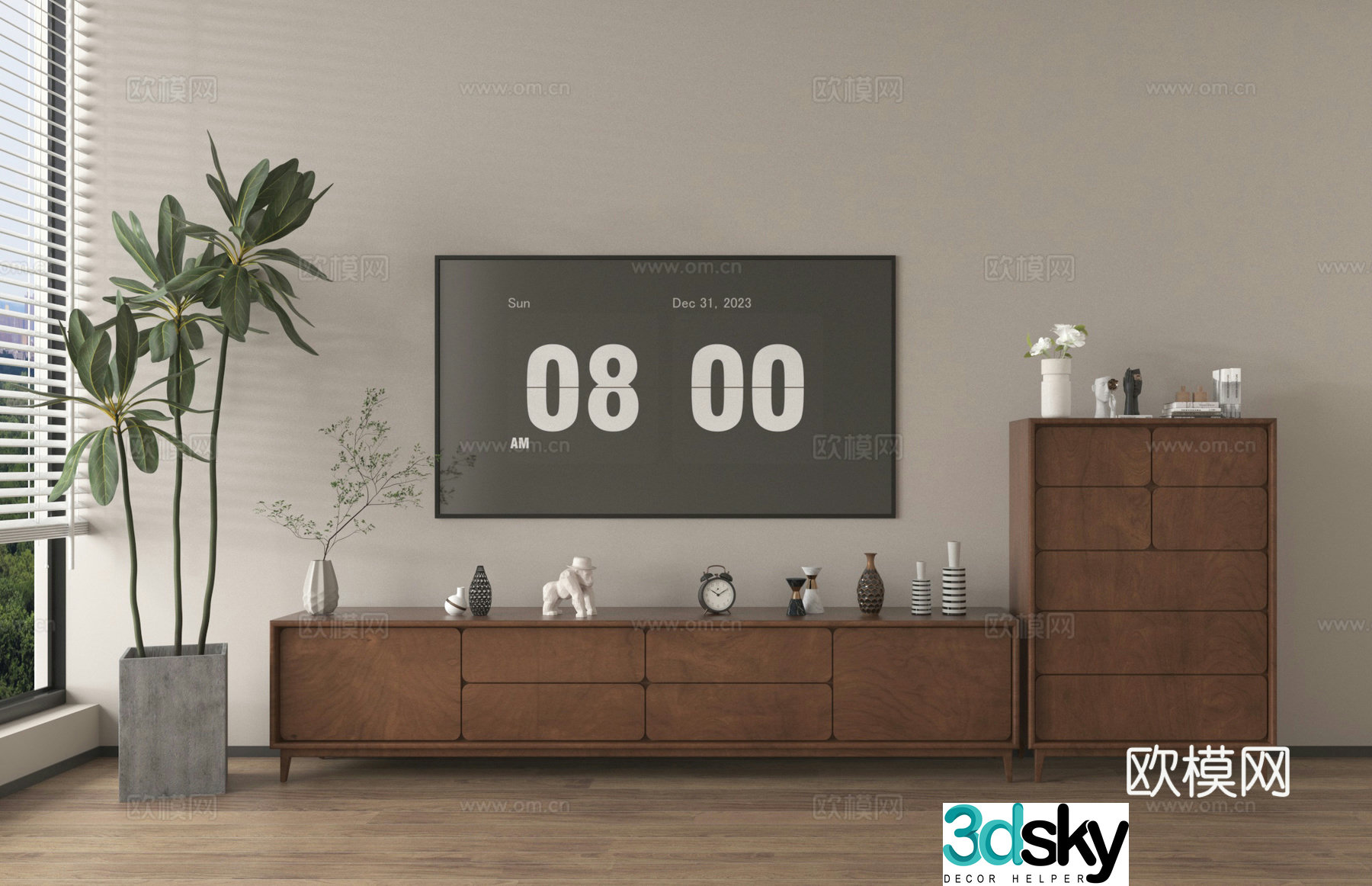 TV cabinet jewelry ornaments floral vase green plant 3d model