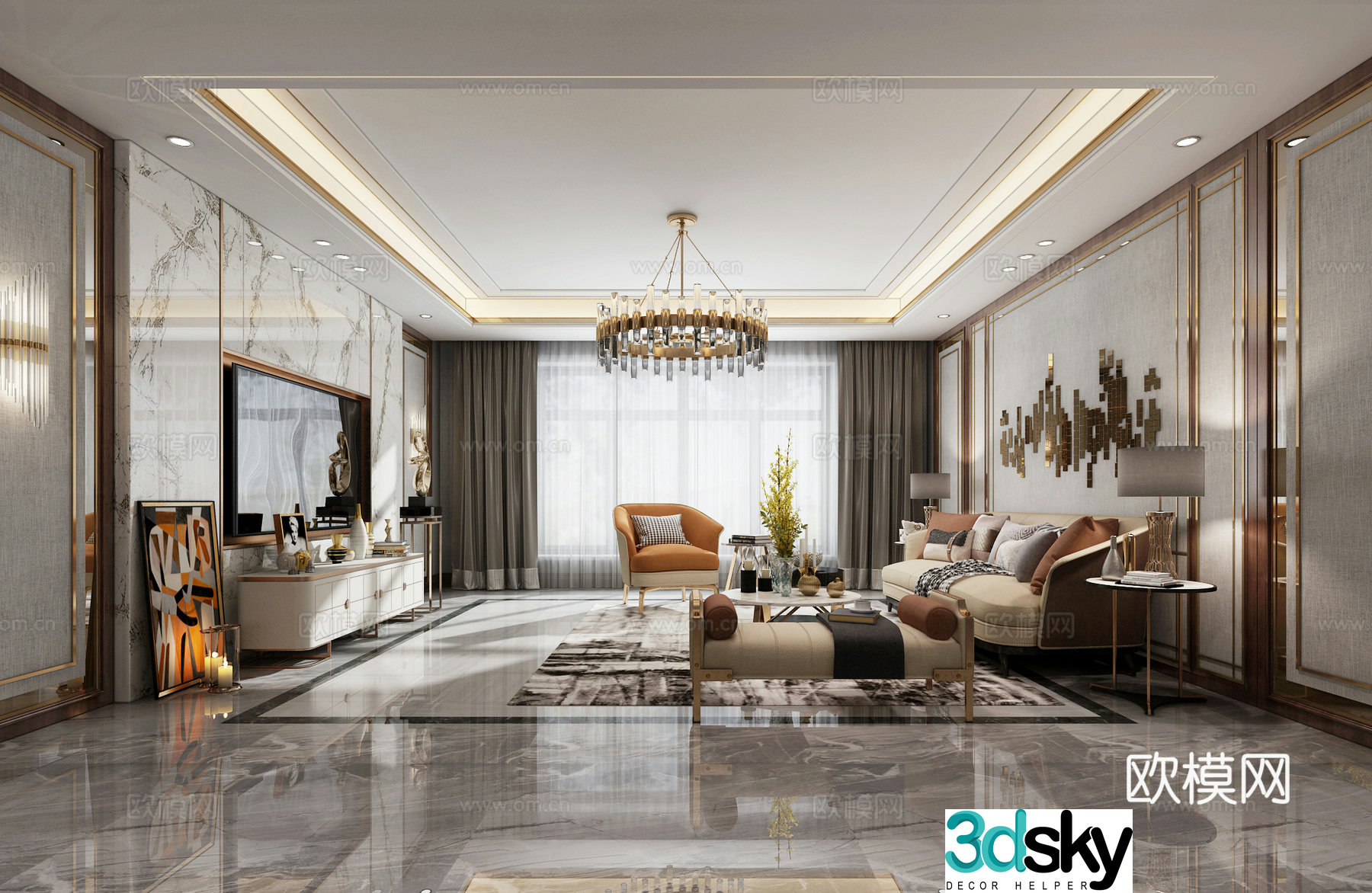 Postmodern fashion modern light luxury postmodern living room 3d model