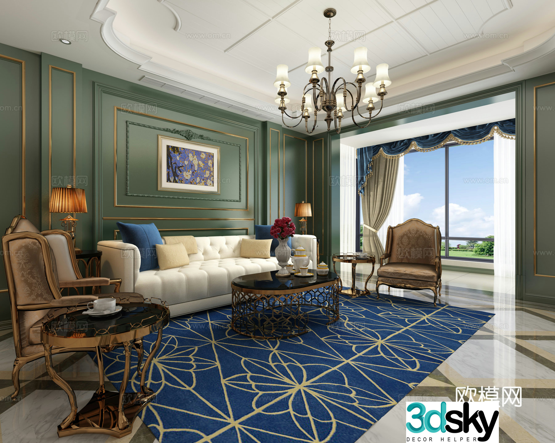 American living room sofa coffee table chandelier 3d model