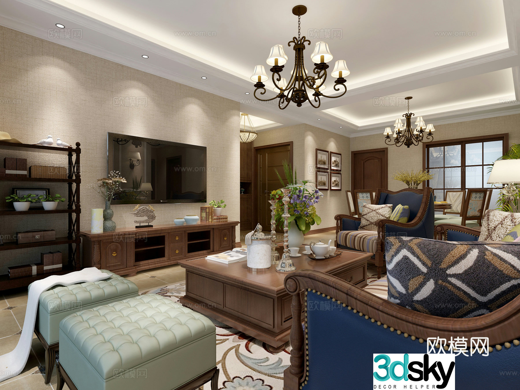 American living and dining room sofa and coffee table dining table and chairs chandeliers and paintings shoe cabinets TV cabinets 3D models