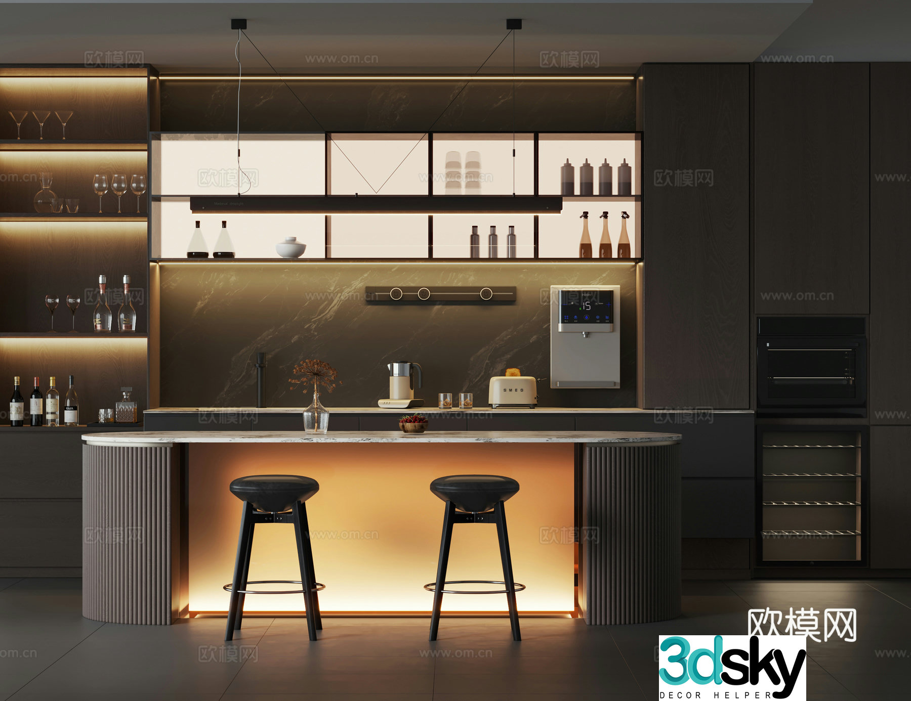 Modern minimalist middle island restaurant Italian open middle island kitchen 3D model