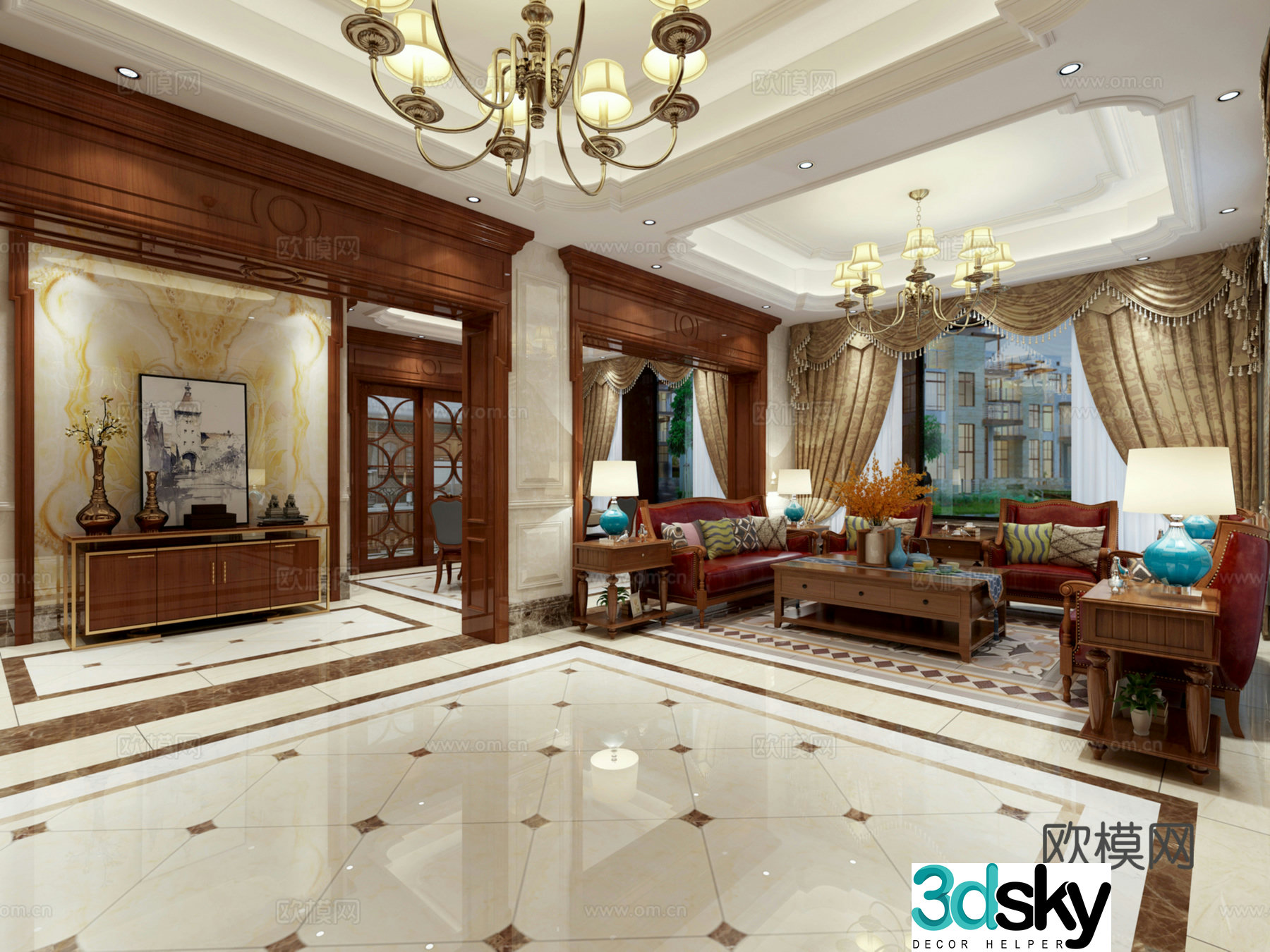 American style simple and beautiful living and dining room 3D model