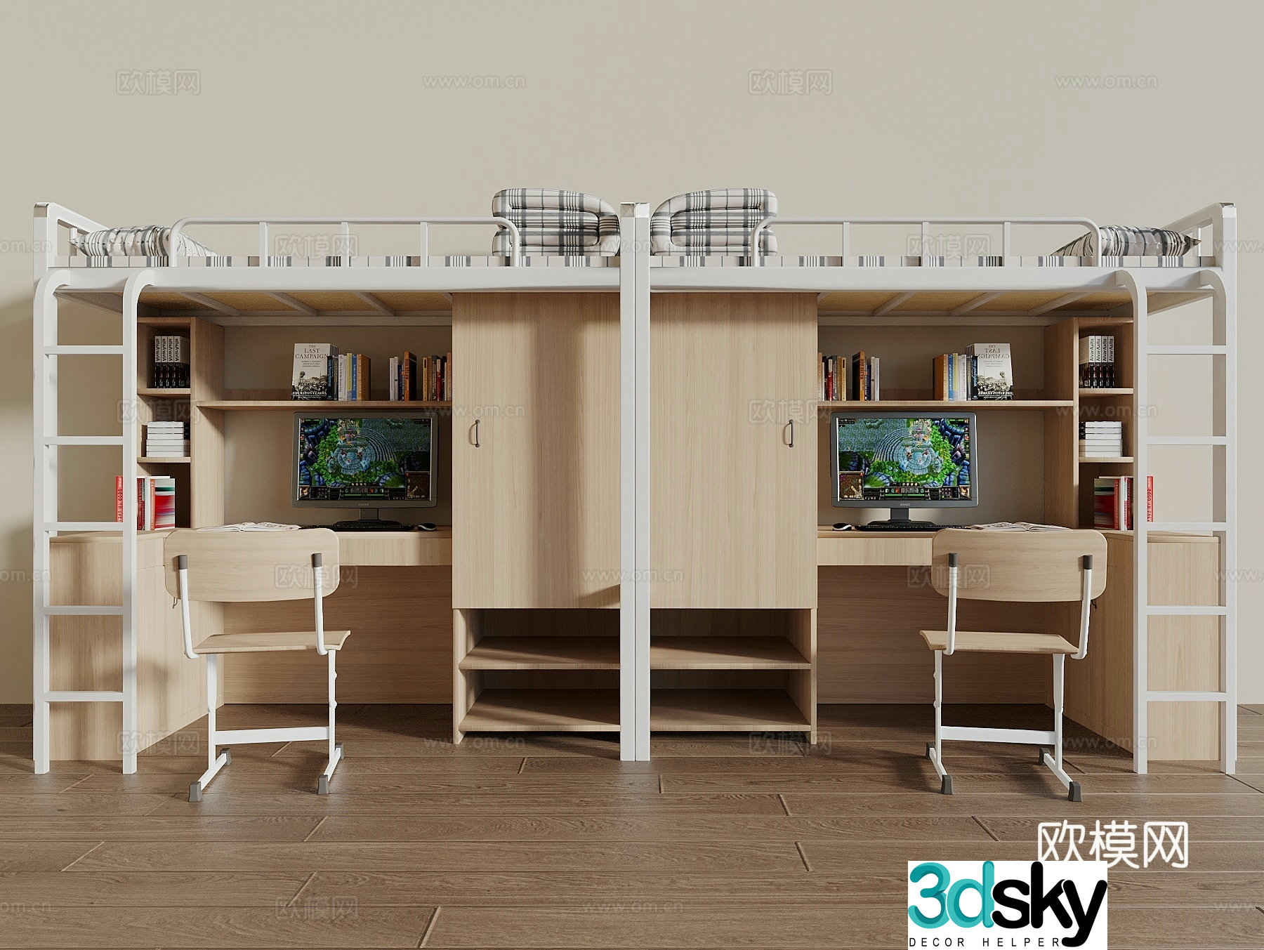 Modern log wind high and low bed bunk bed bunk bed dormitory single bed 3D model
