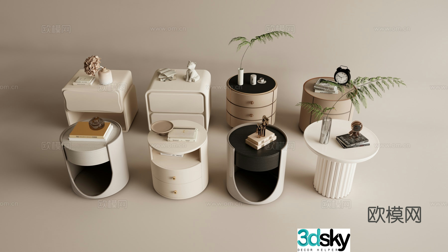 Modern creamy nightstand round bedside table Square nightstand 3D model