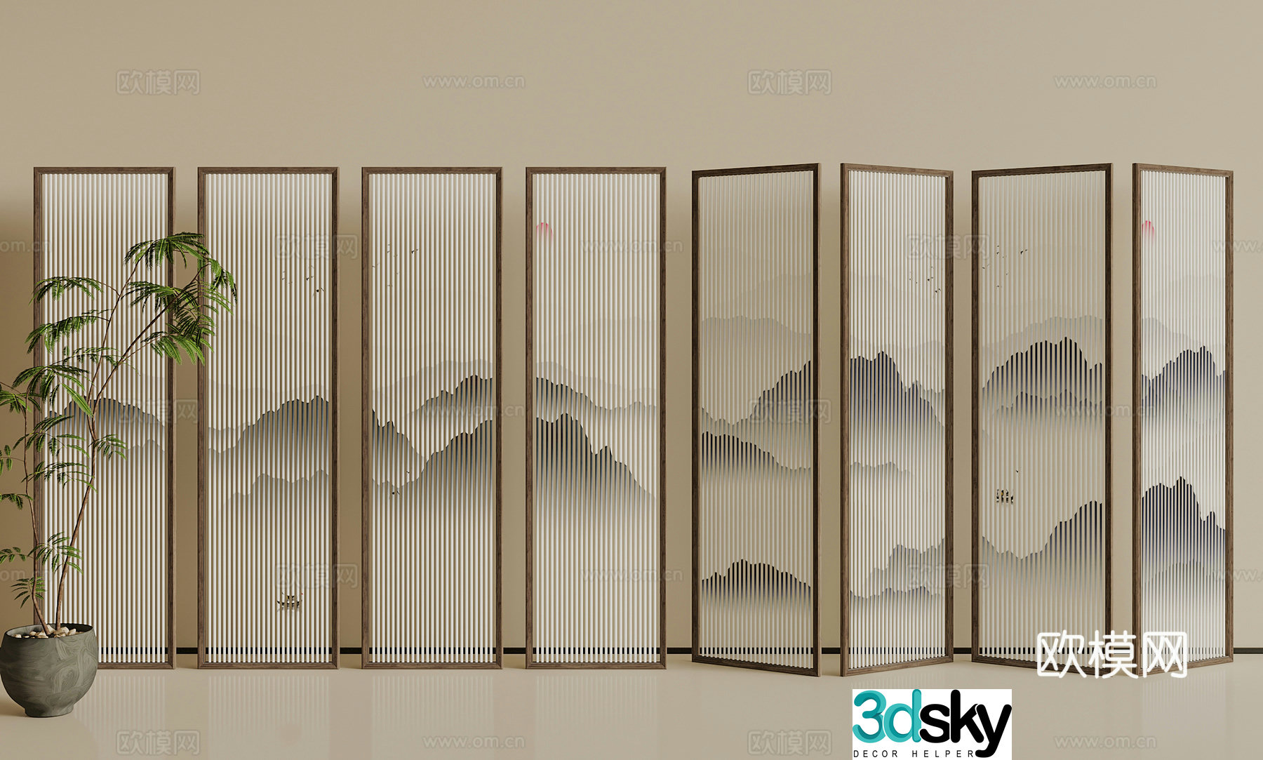 New Chinese-style screen partition Wooden screen partition DuPont paper partition Folding screen partition 3D model
