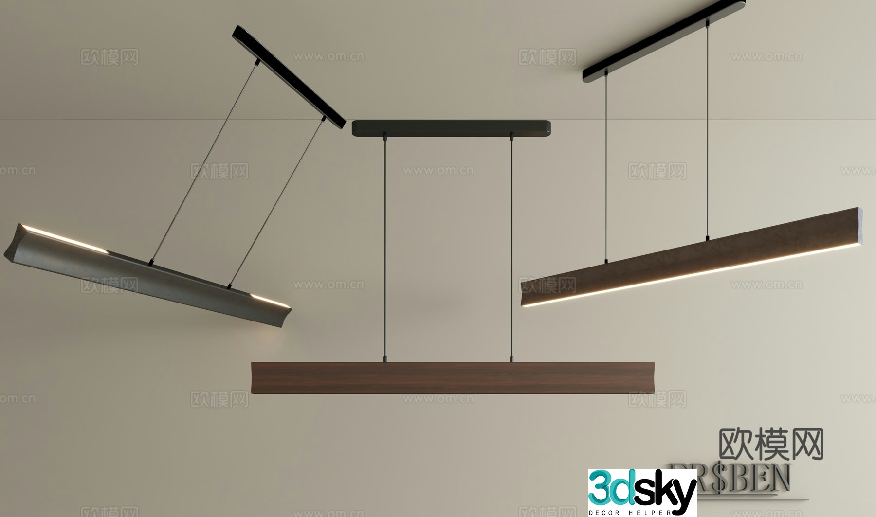 Chinese restaurant chandeliers one-line strip dining table lamp walnut wooden dining lamp designer artistic creative lamp 3d model