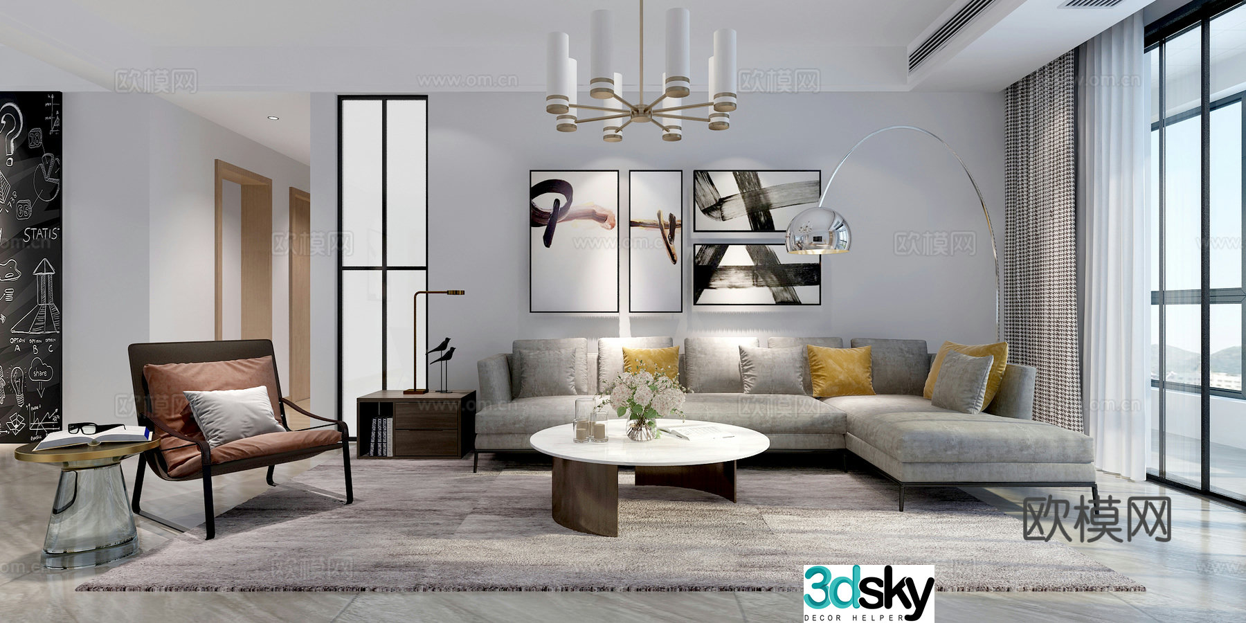 Nordic living and dining room sofa coffee table dining table chair chandelier hanging painting TV cabinet 3D model