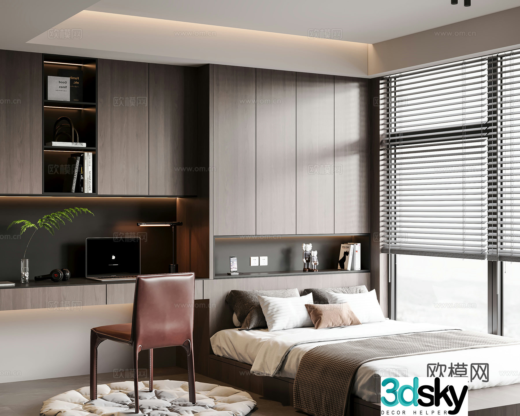 Modern Italian tatami bedroom single chair laptop computer bookcase hanging cabinet decorative 3d model