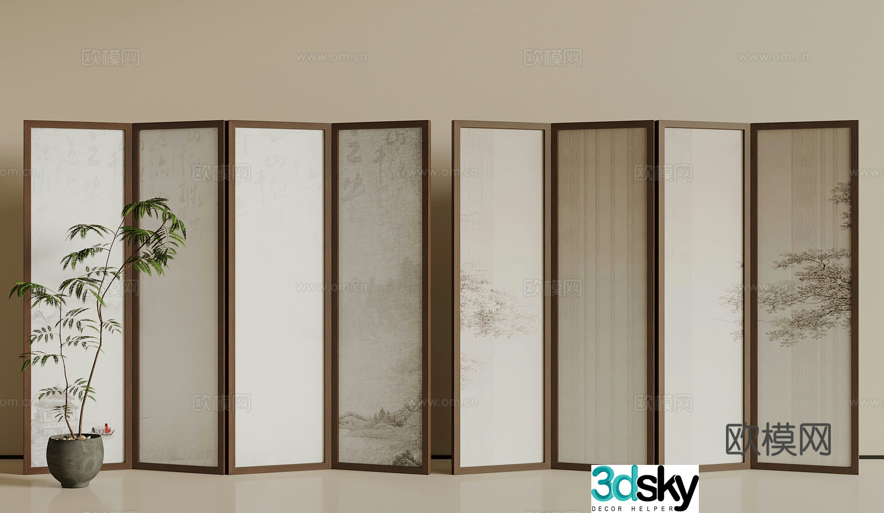New Chinese-style screen partition Wooden screen partition DuPont paper partition Folding screen partition 3D model