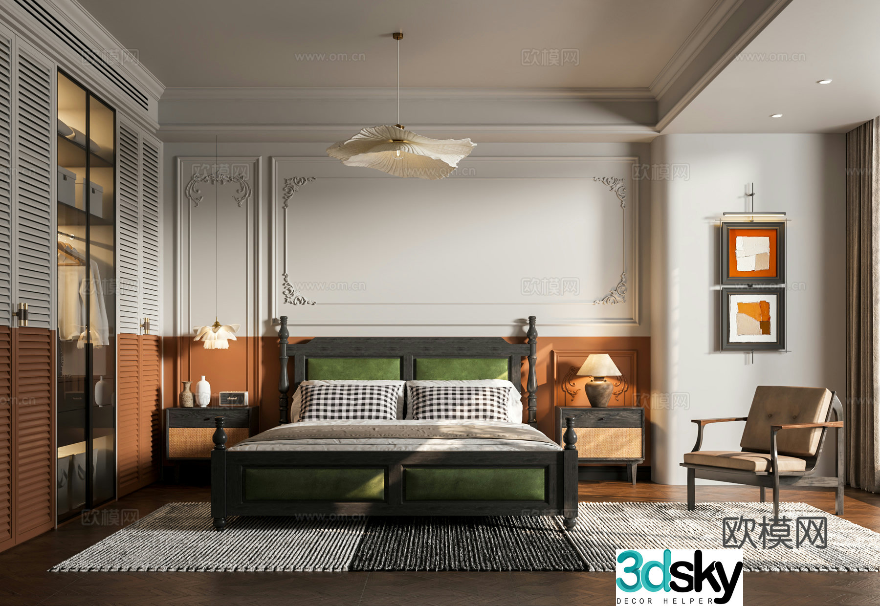 French old-fashioned bedroom wooden double bed wardrobe sofa chair small chandeliers 3d model