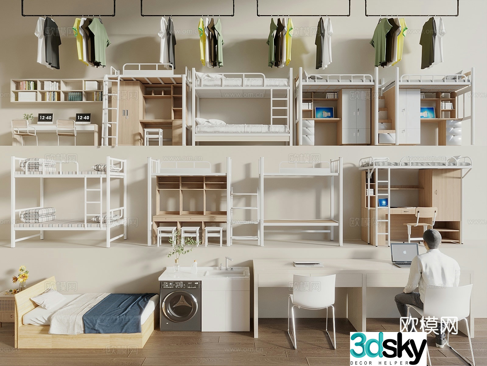 Modern log wind high and low bed bunk bed bunk bed dormitory single bed 3D model