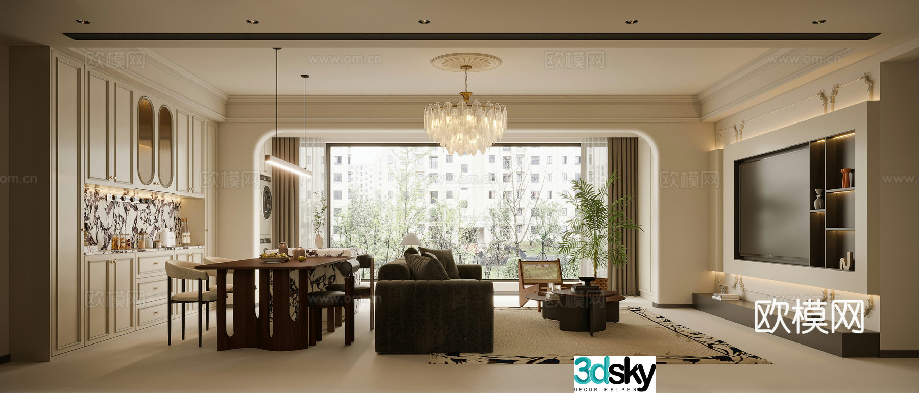 French living and dining room medieval art modeling TV wall chandelier island dining table decoration wine cabinet glass sliding door 3d model 3d model