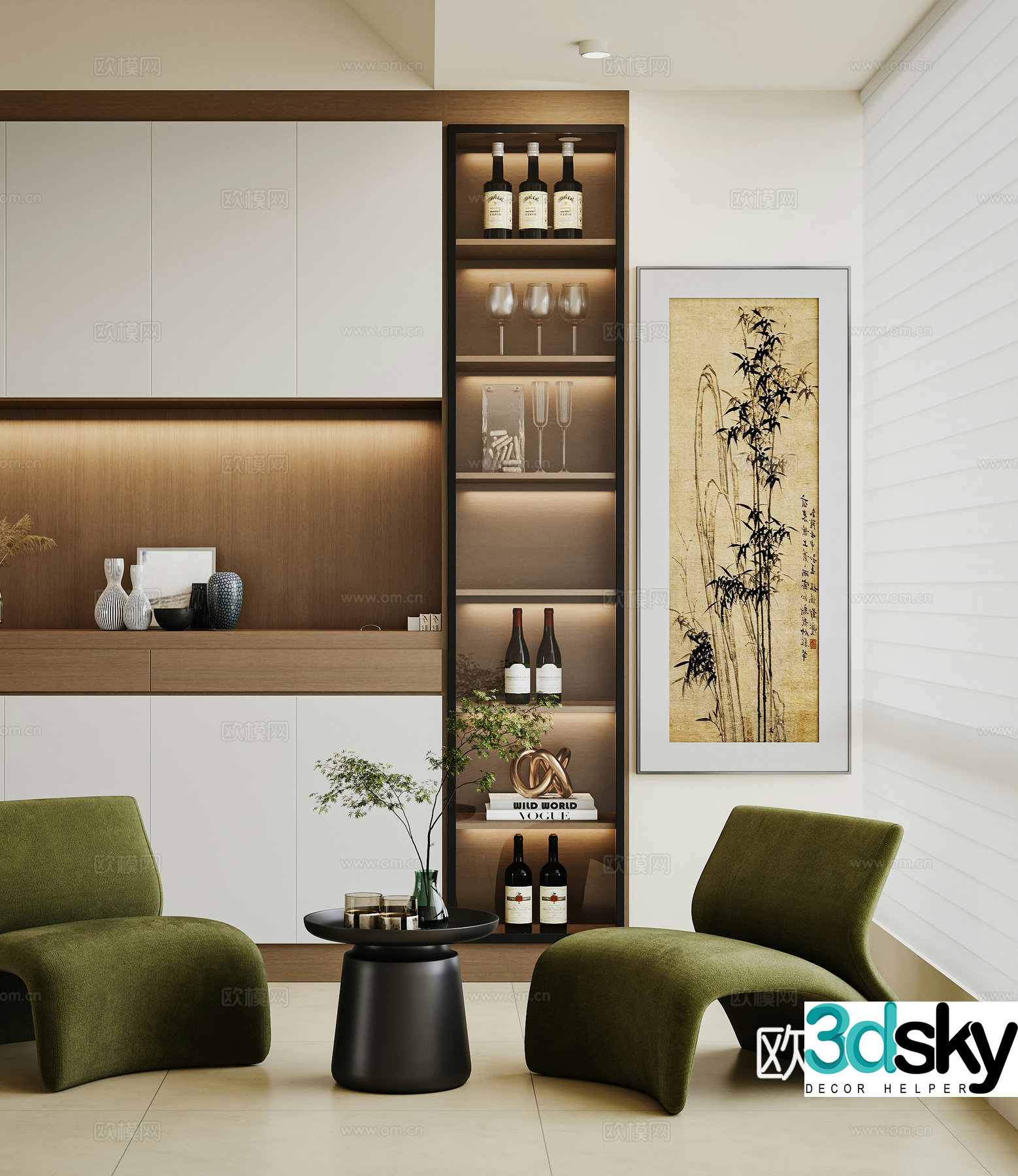 New Chinese style living room casual single sofa leisure chair chair coffee table combination 3D model