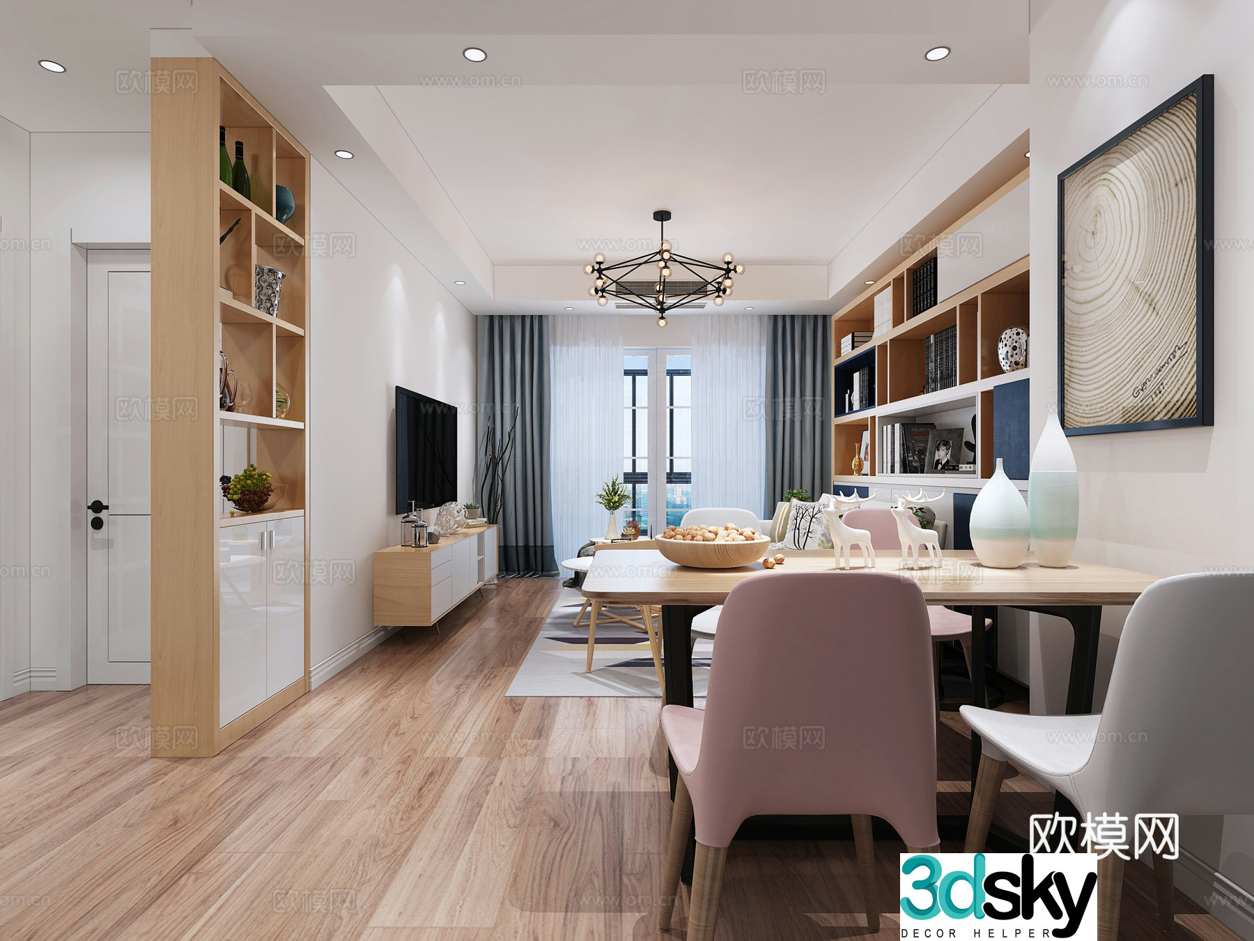 Nordic modern Nordic living and dining room decoration cabinet door curtain chandelier sofa dining table TV cabinet dry branch decoration painting 3d model