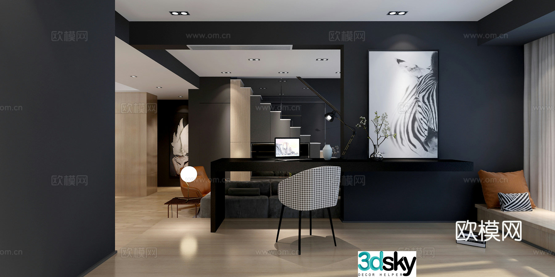 Modern Nordic living and dining room sofa and coffee table dining table and chair chandeliers paintings and stairs stair cabinets 3D model