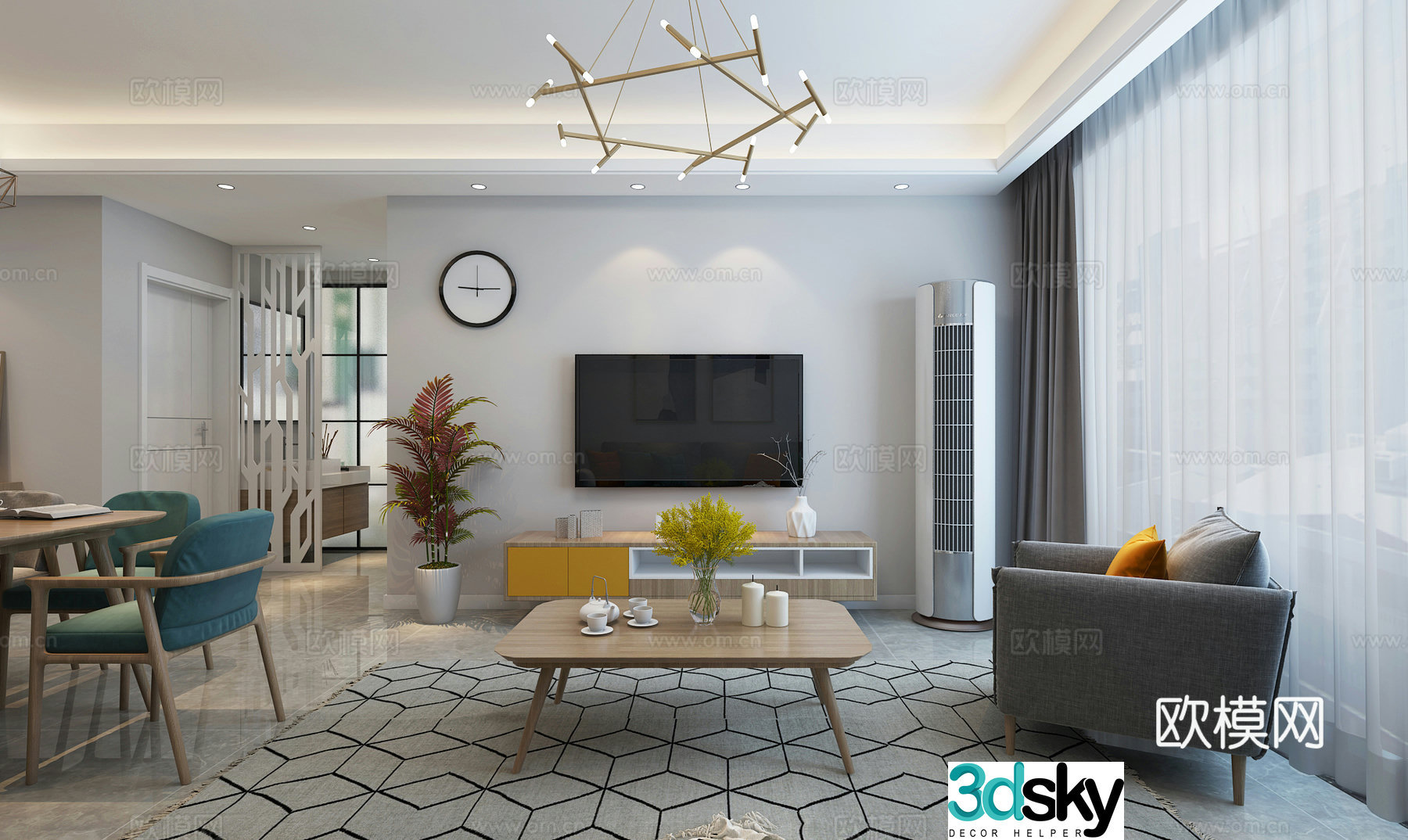 Nordic style living and dining room 3D model