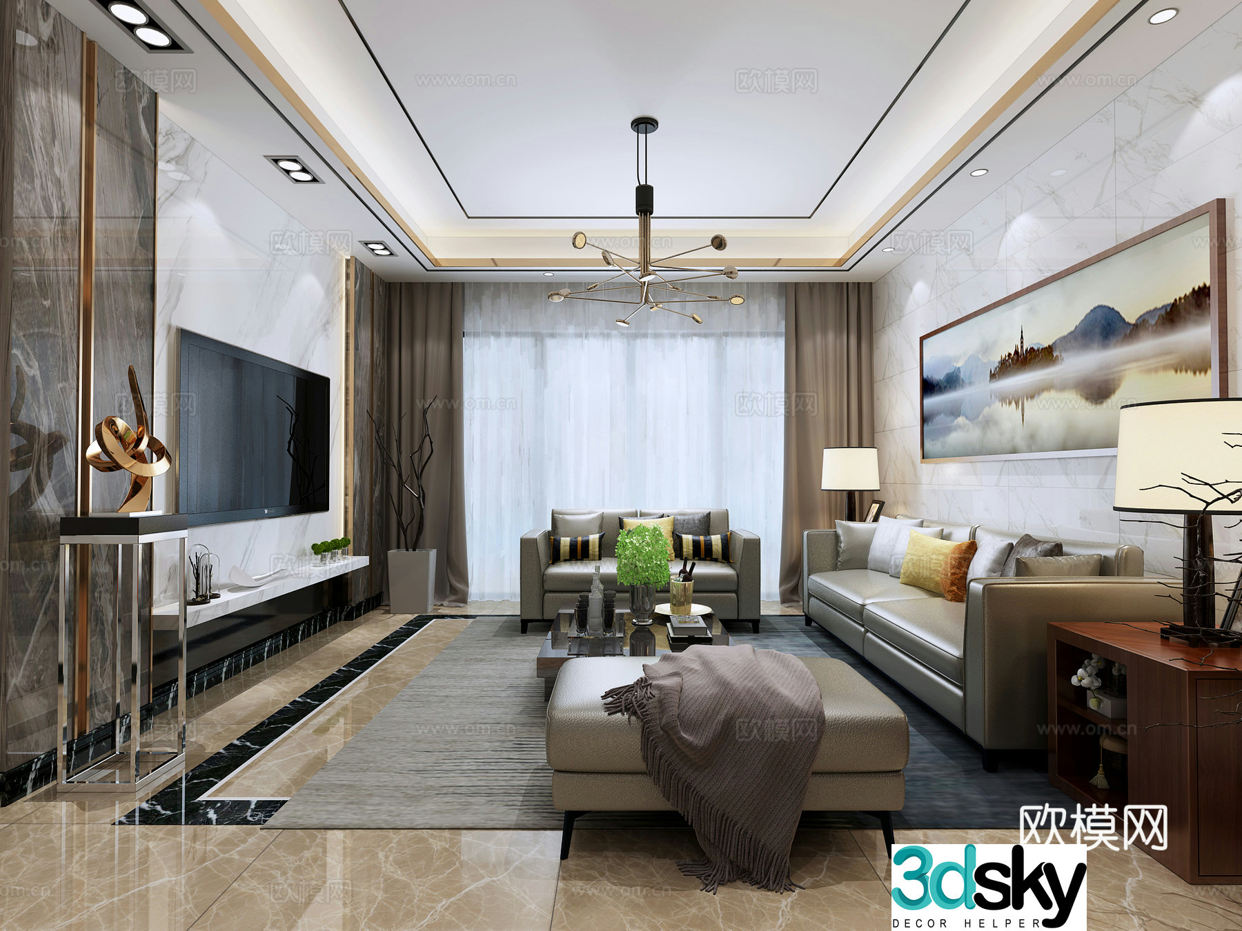 Postmodern modern new Chinese style living and dining room sofa combination dining table decorative painting hanging 3d model