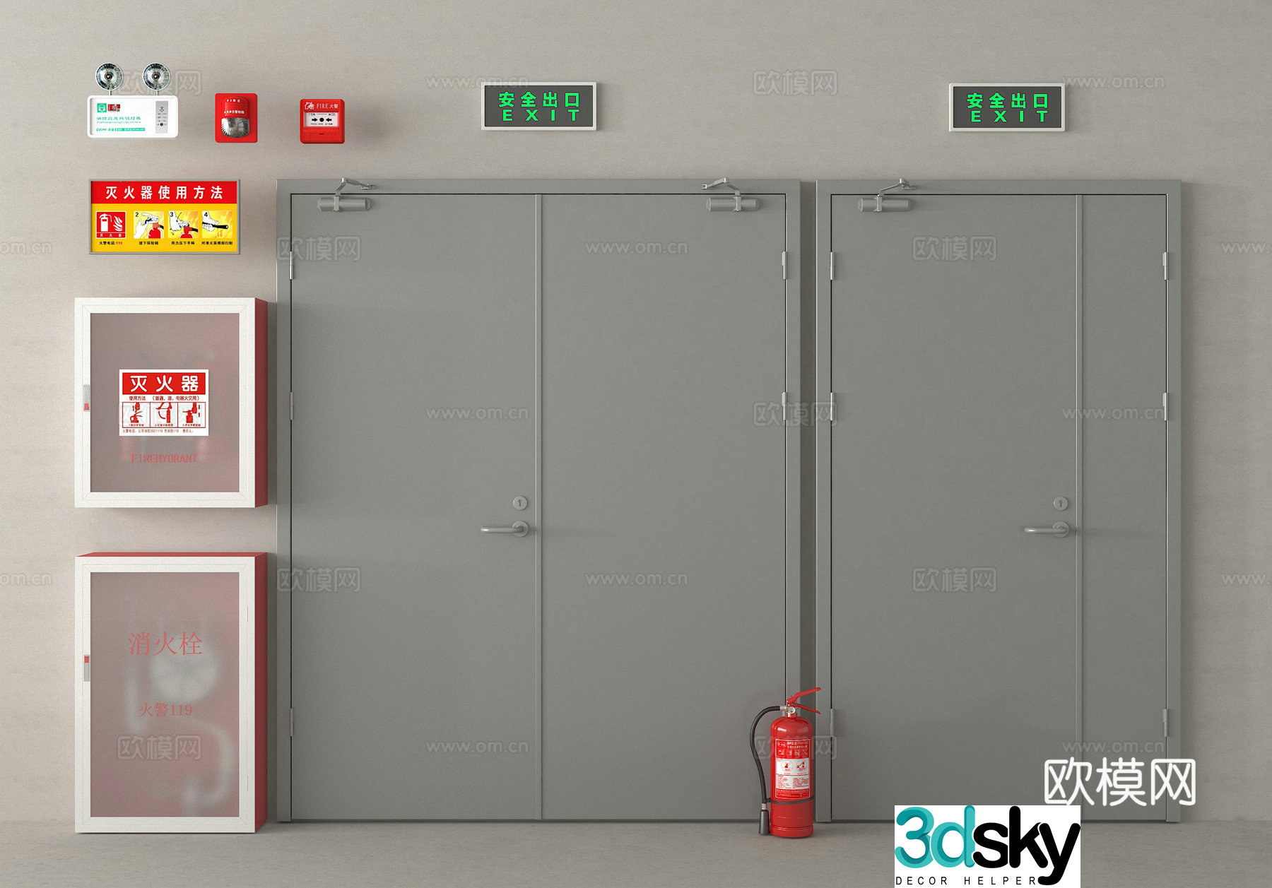 fire door fire door safety door fire hydrant fire extinguisher fire alarm bell 3d model