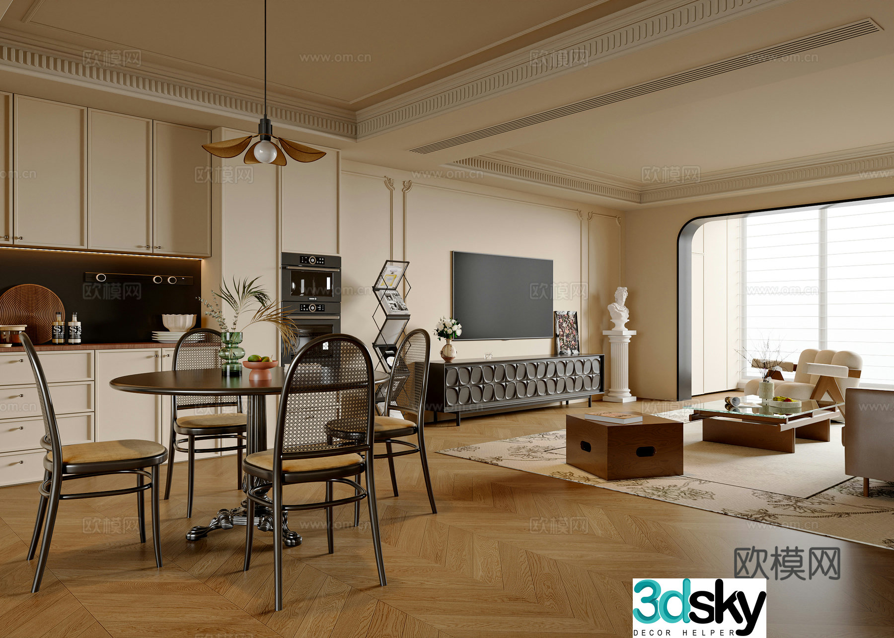 French medieval style dining room round dining table and chair sofa and coffee table combination French TV cabinet chandeliers 3D model