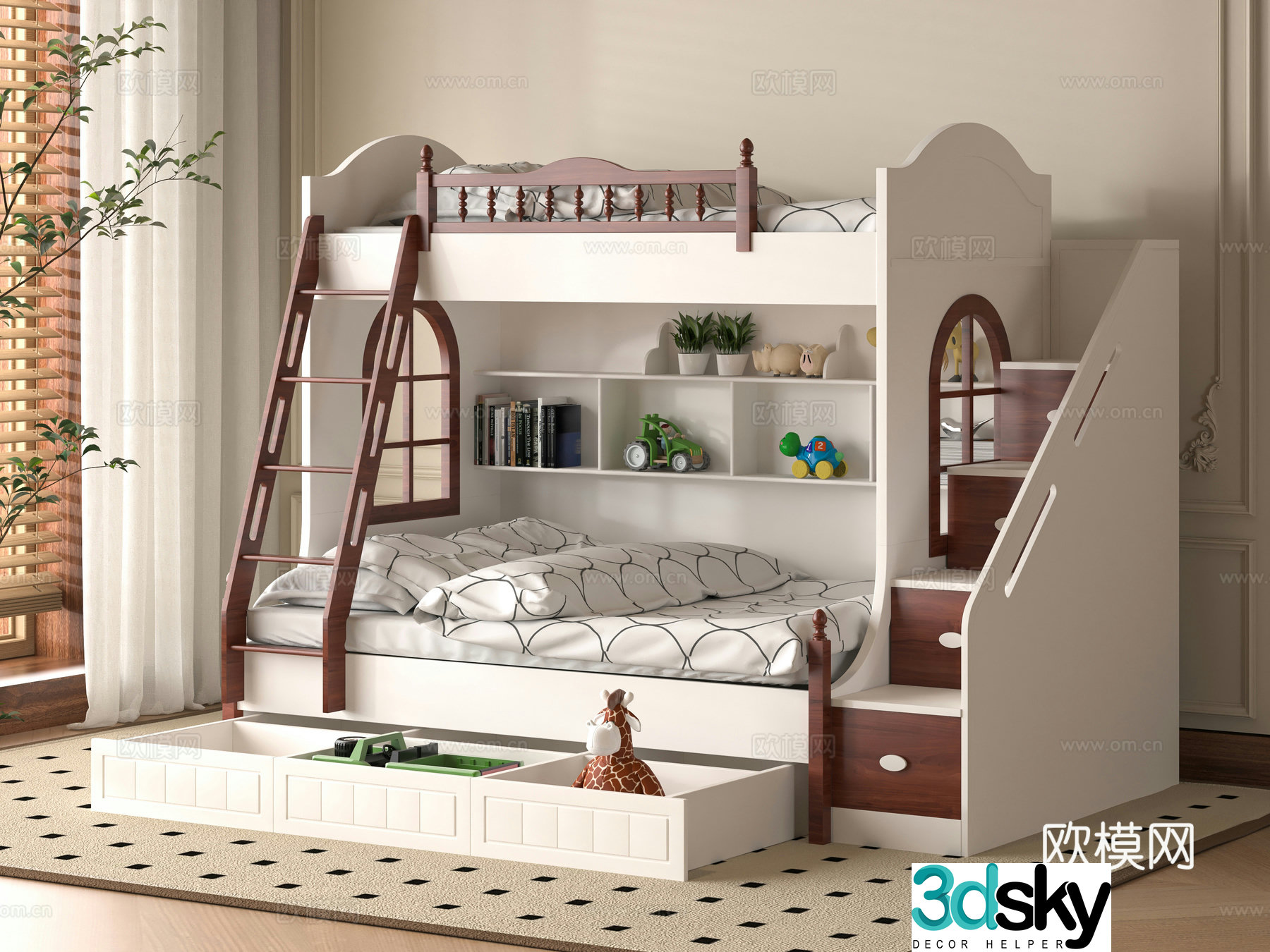 Modern children getting on and off the bed 3d model