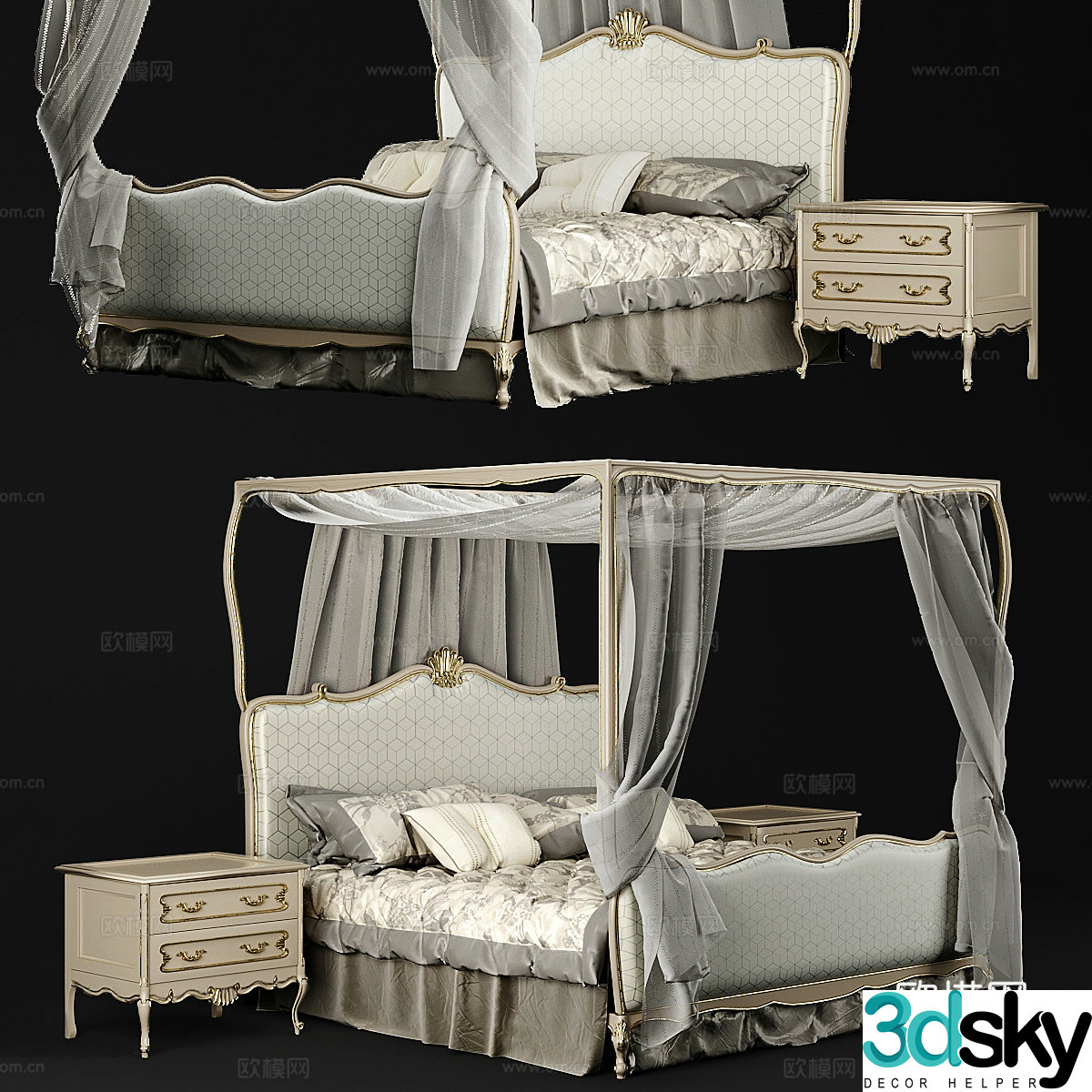 European-style French shelf bed with column bed 3D model