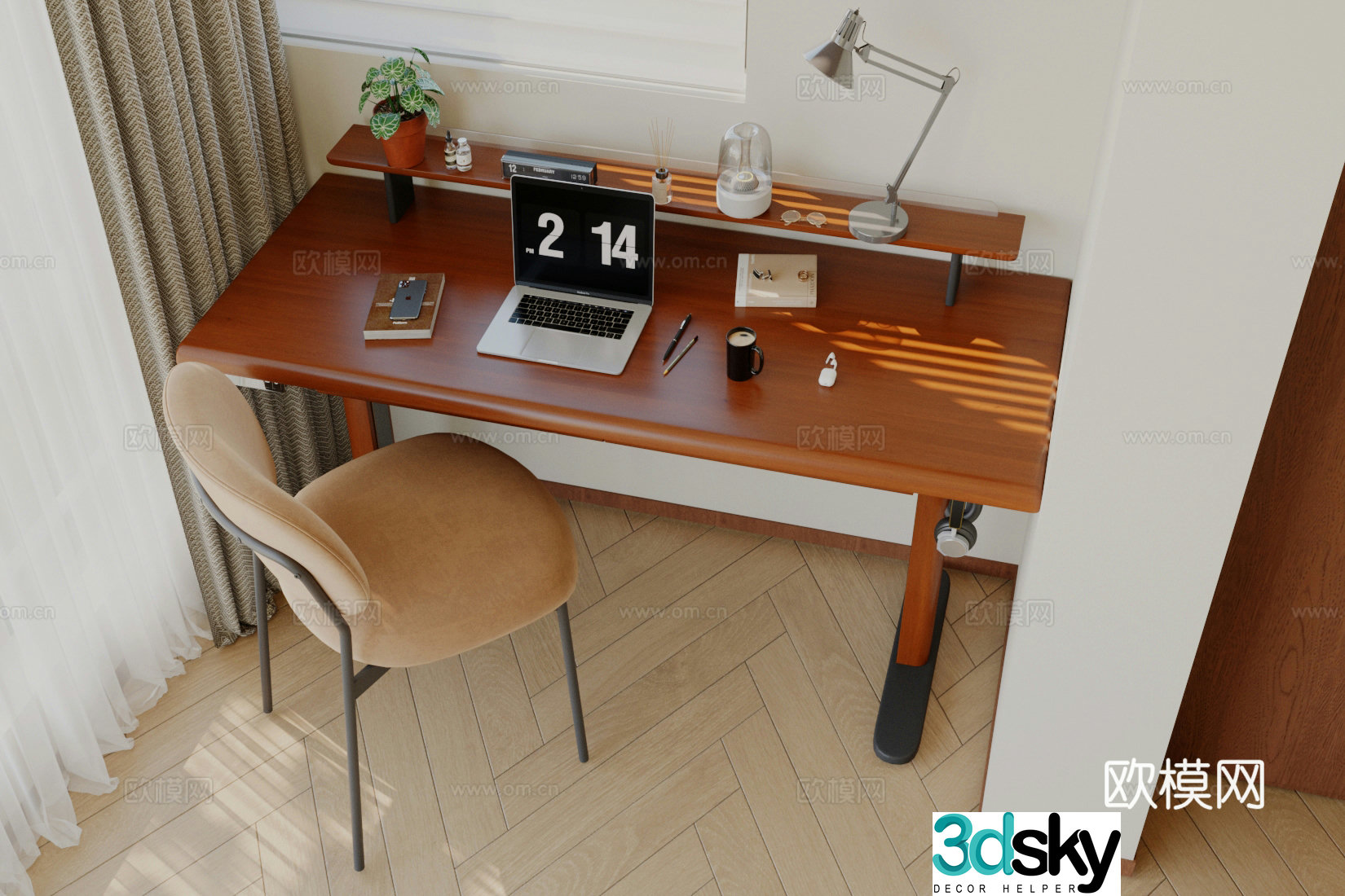 Modern medieval desk and chair medieval study living room and study desk ornament combination notebook 3D model