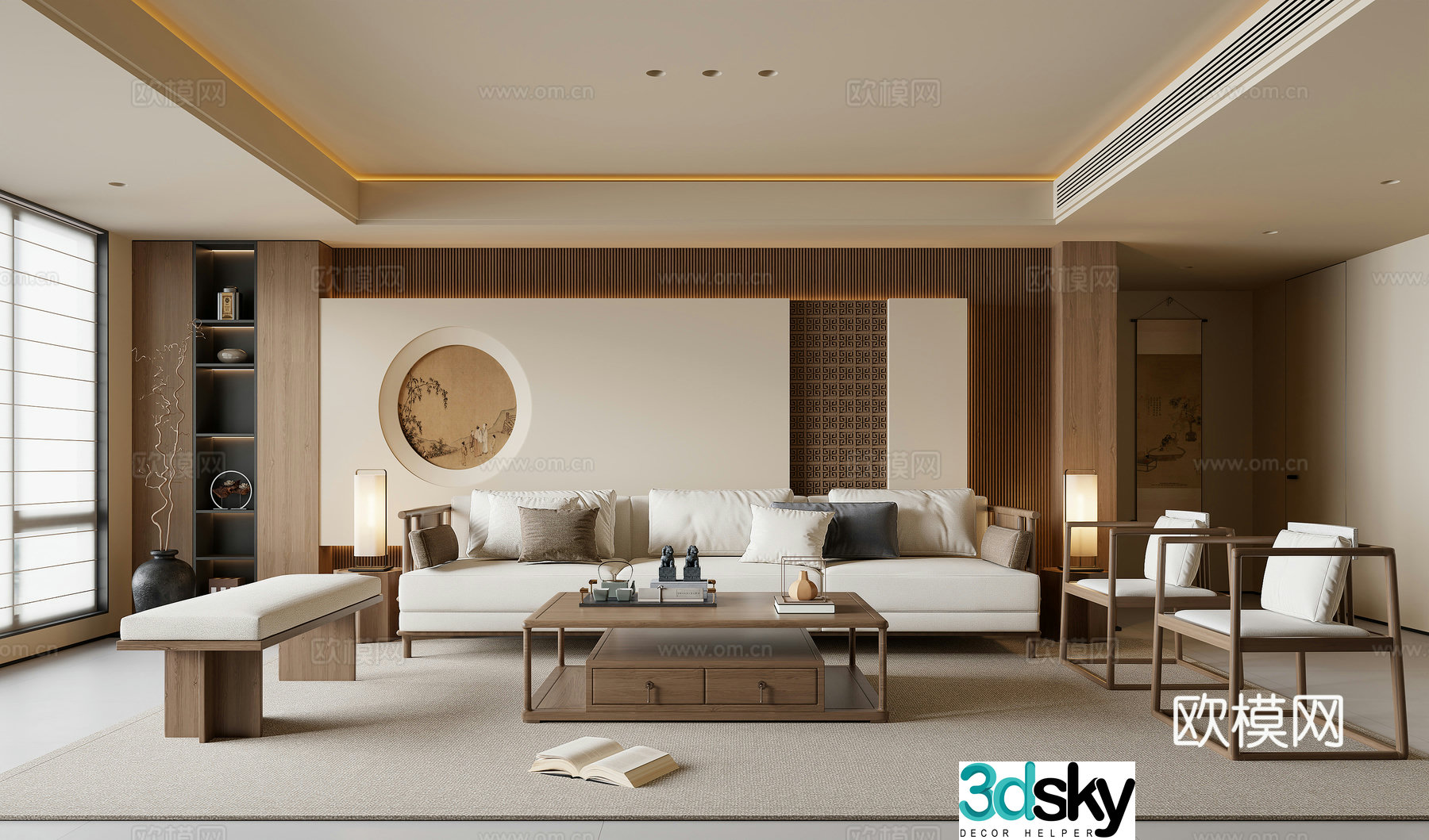 New Chinese living room Song style living room Sofa coffee table Desk and chair Sofa background Hanging paintings Table lamp 3D model