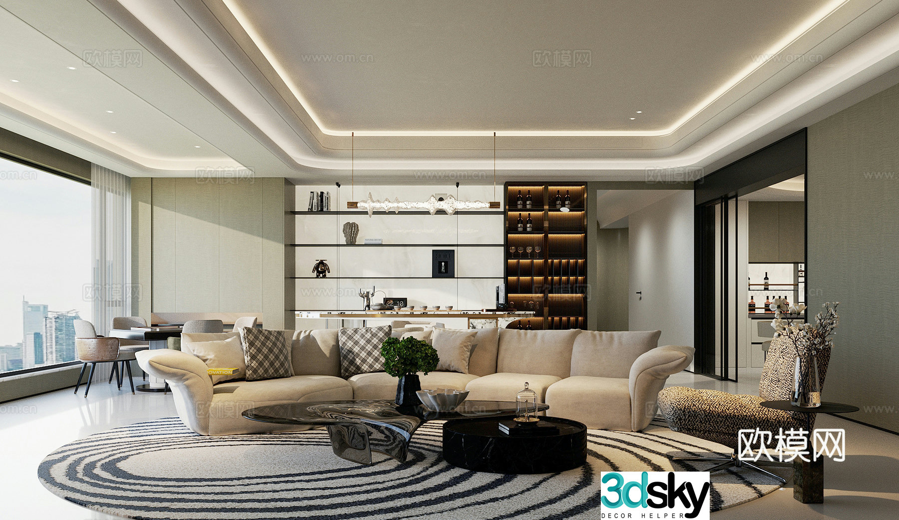 Modern light luxury home living room horizontal living room sofa coffee table combination light luxury wine cabinet 3D model