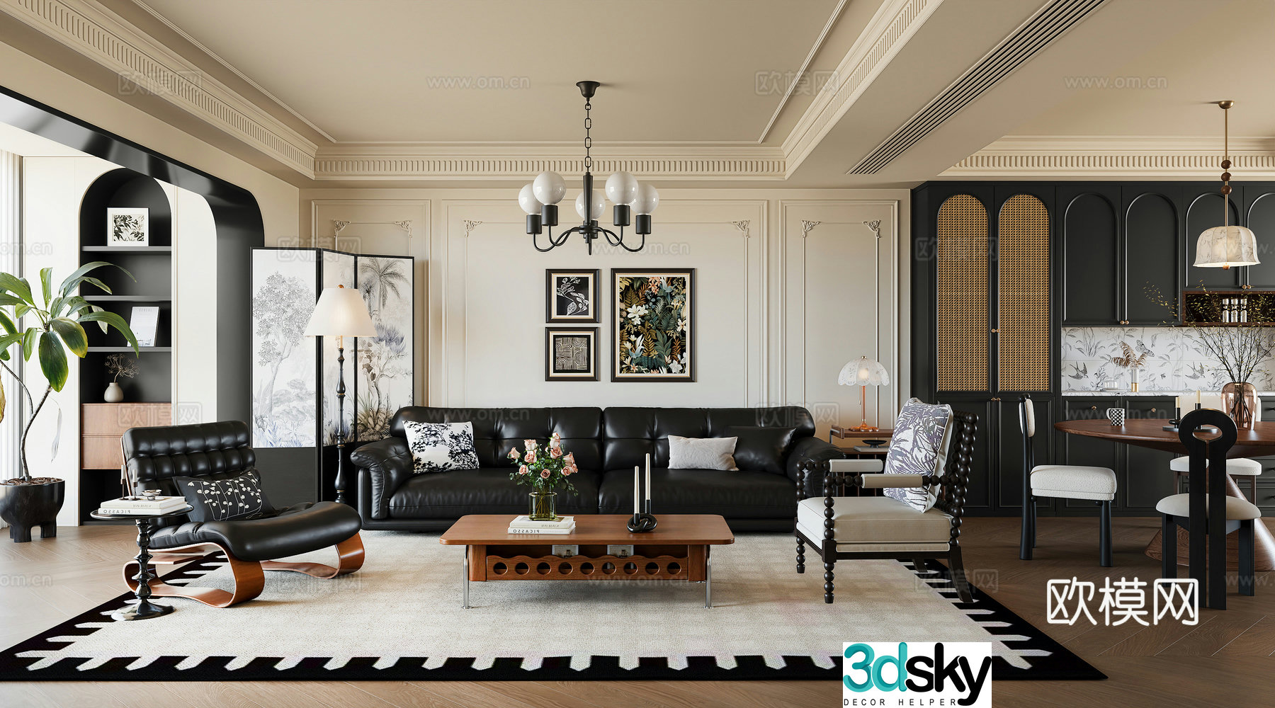 French medieval living room leisure chair sofa and coffee table dining table wine cabinet painting lamp 3d model