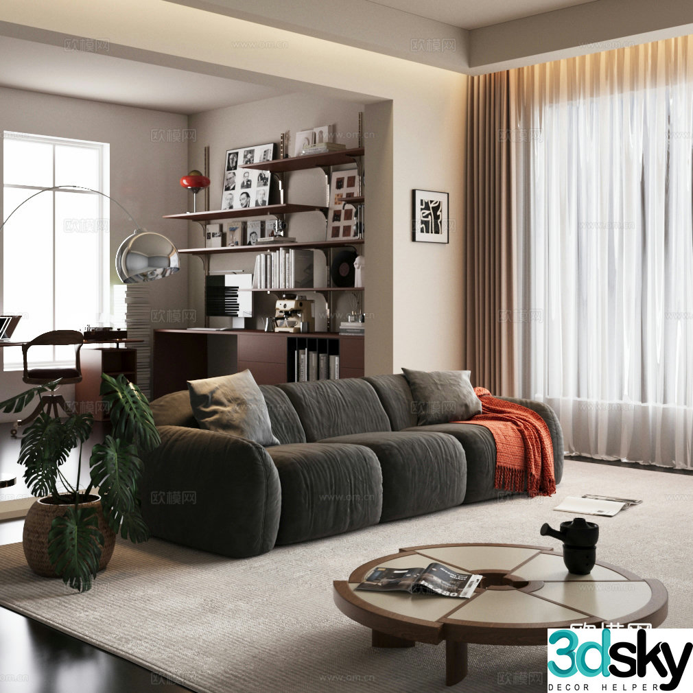 Modern home living room horizontal living room small living room wrought art bookshelf 3D model