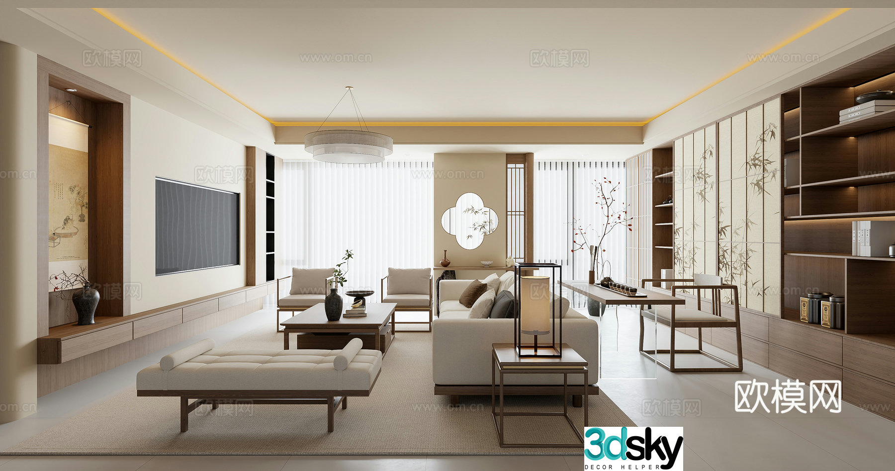 New Chinese style living room study Song style living room study Sofa coffee table Desk chair TV background Book 3D model