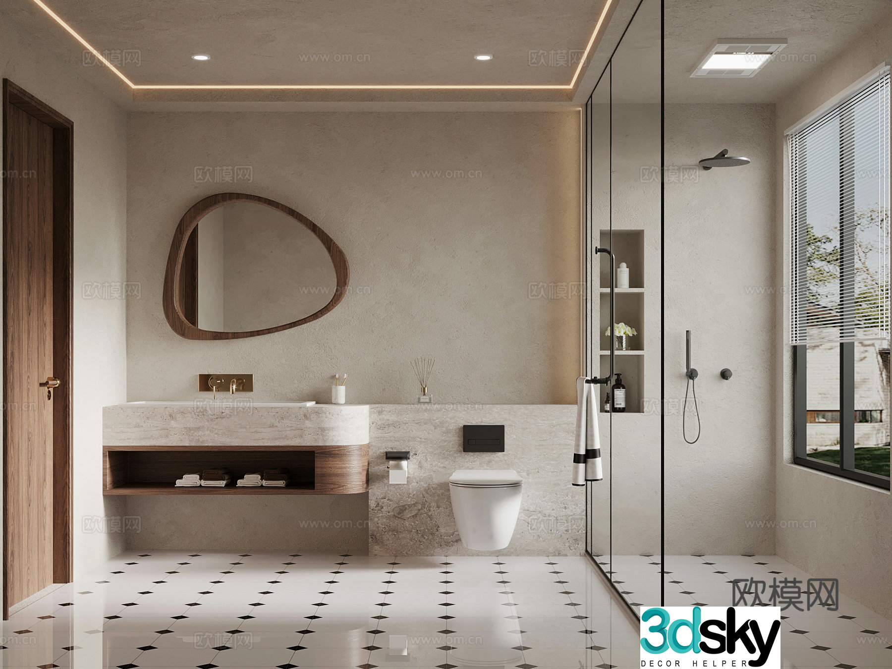 Middle style bathroom bathroom cabinet toilet shower 3d model
