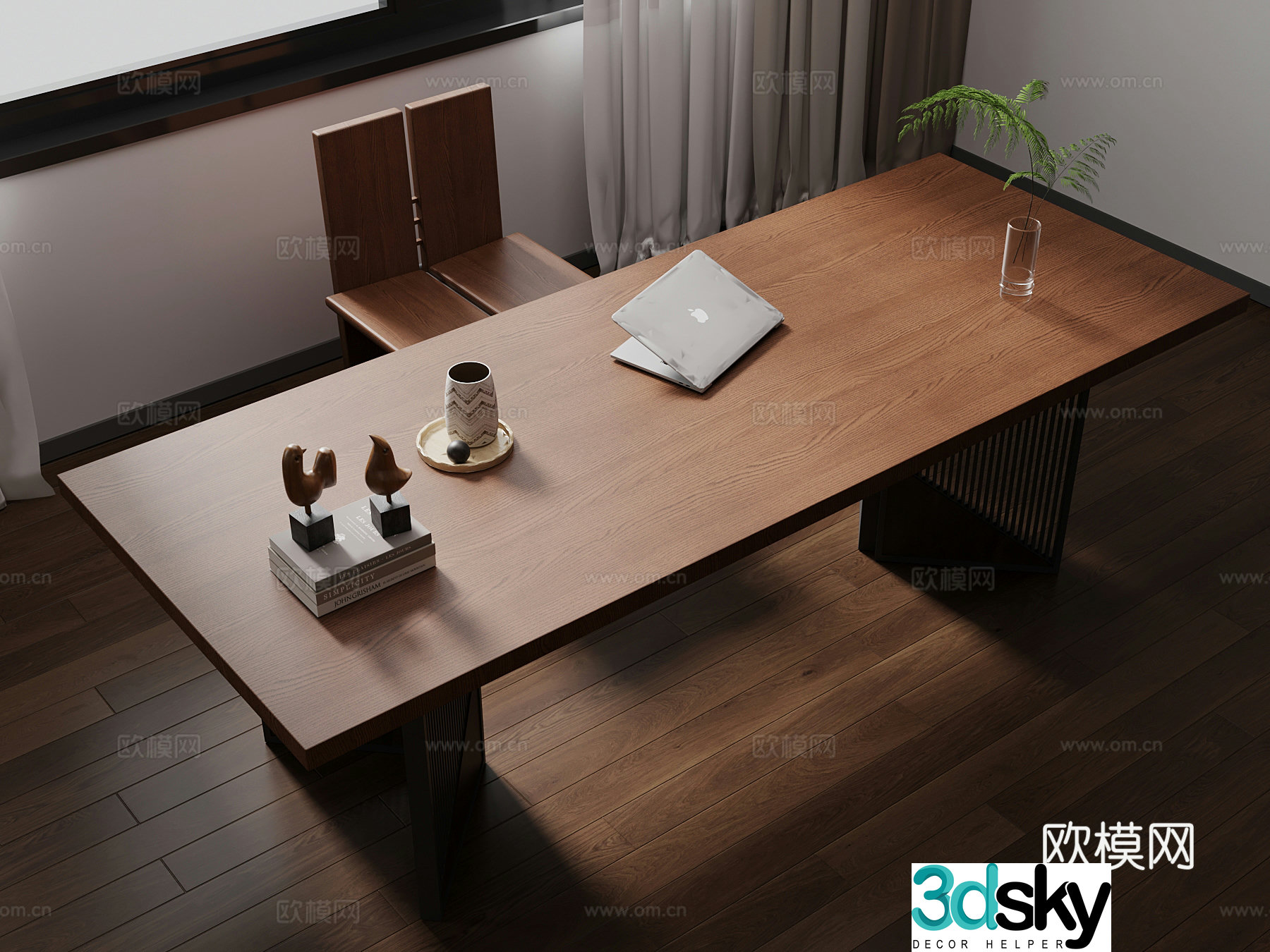 Middle style solid wood desk office and study supplies 3D model