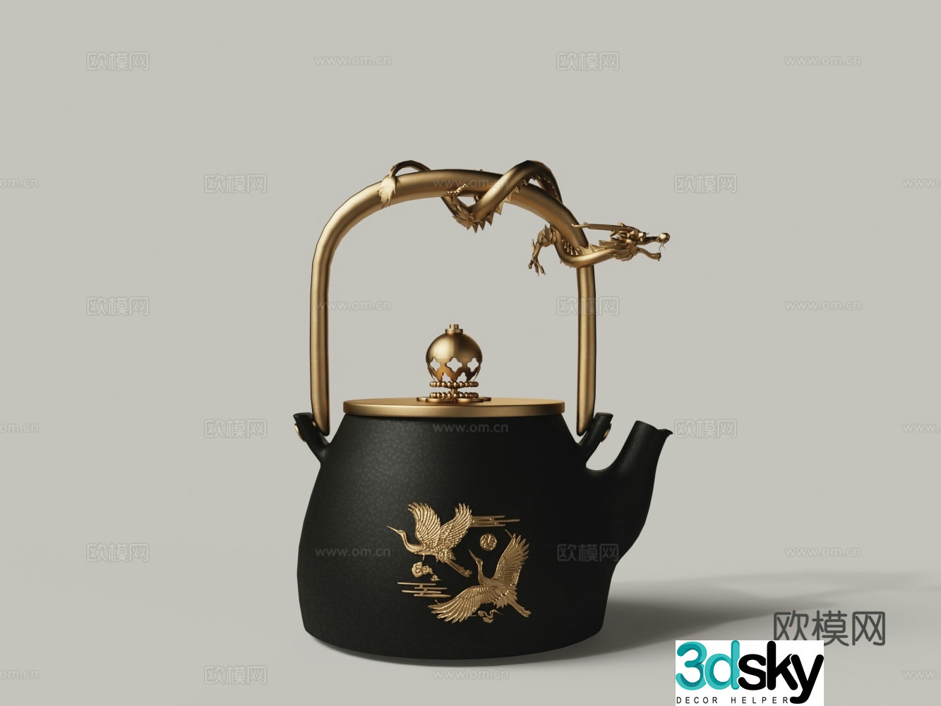 Chinese style crane plate dragon black clay brass carved teapot tea set 3D model