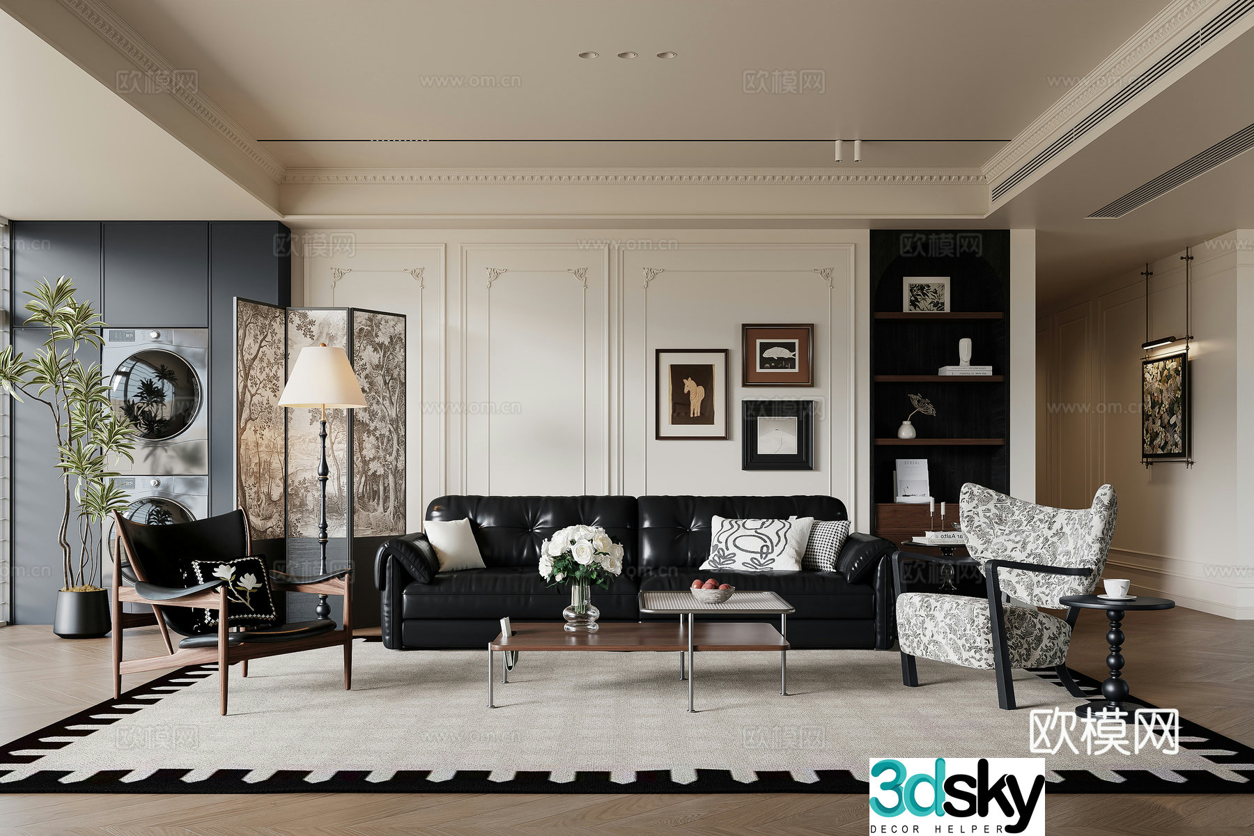 French medieval living room sofa coffee table leisure chair painting floor lamp 3D model
