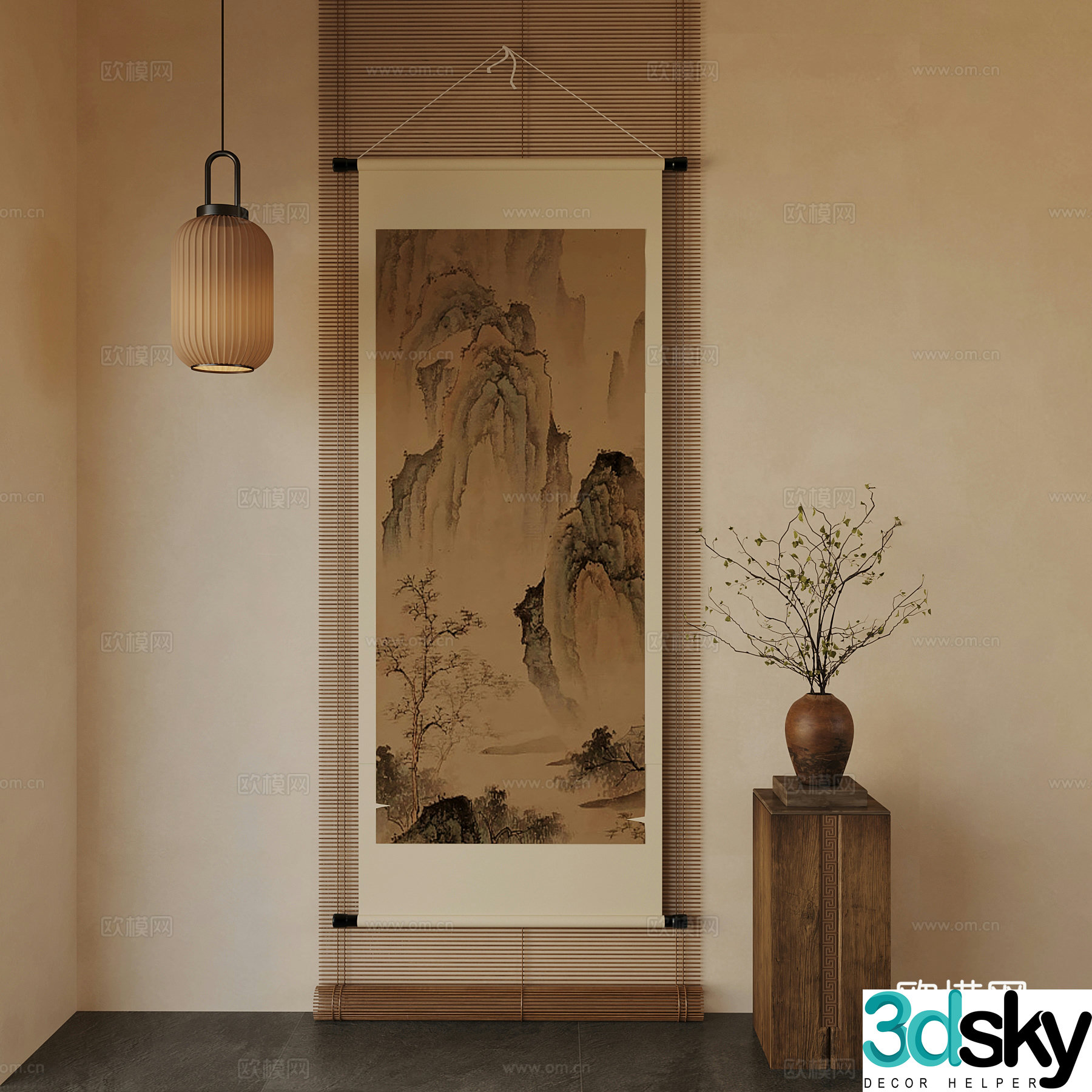 New Chinese style decorative paintings hanging paintings chandeliers vases 3d model