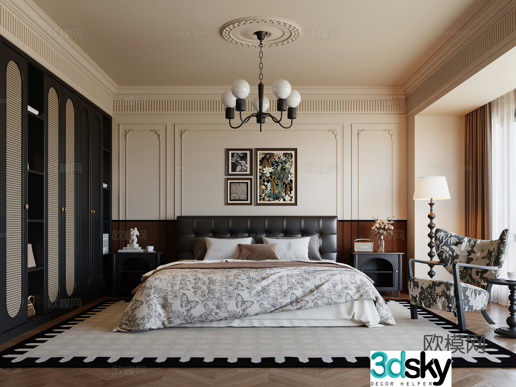 French old-fashioned bedroom double bed wardrobe leisure chair chandeliers 3D model hanging paintings