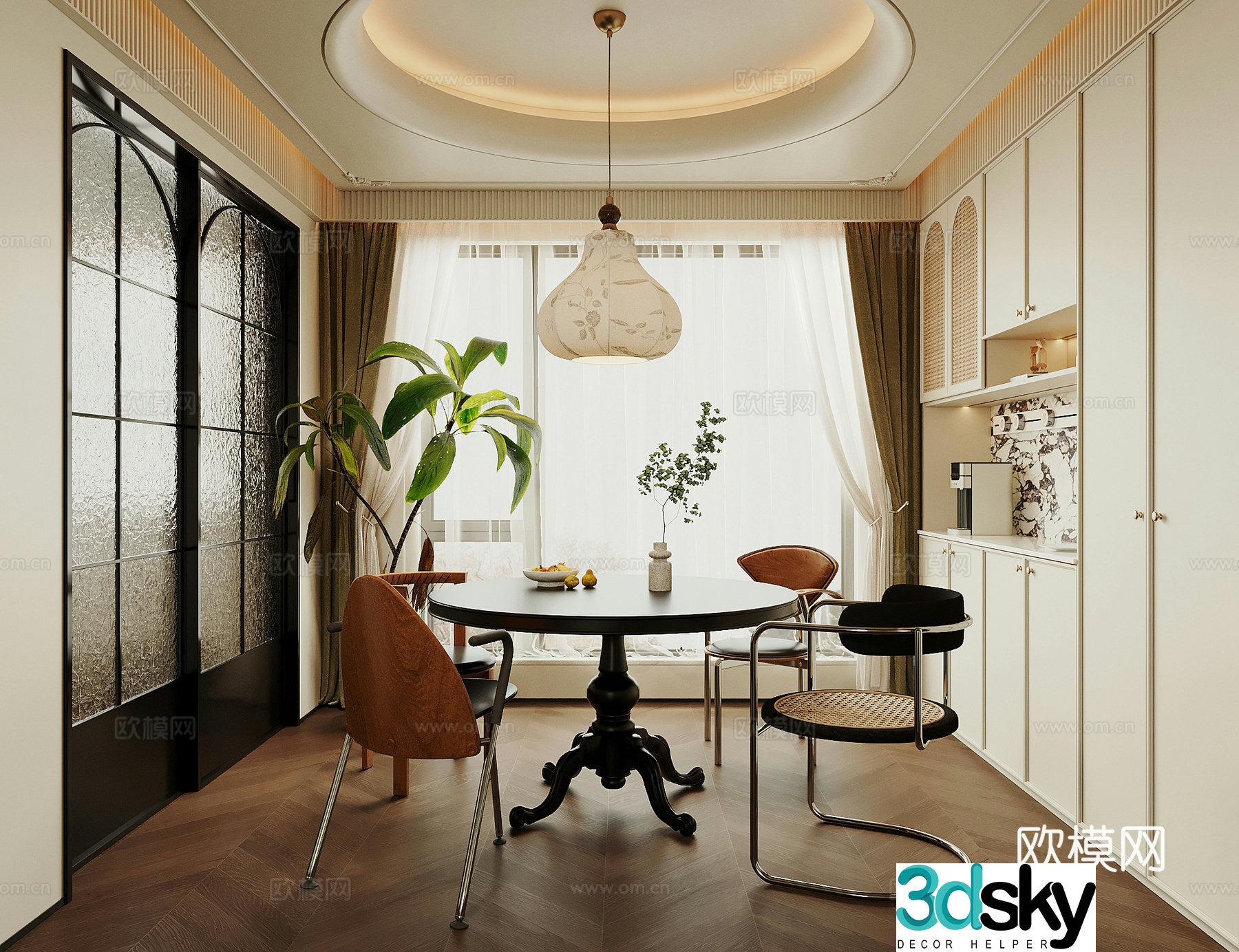 French restaurant dining table and chair chandeliers sideboard 3d model