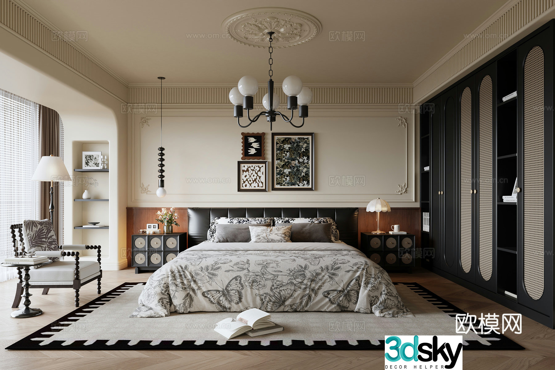 French medieval style bedroom double bed leisure chair chandeliers wardrobe nightstand hanging painting 3D model