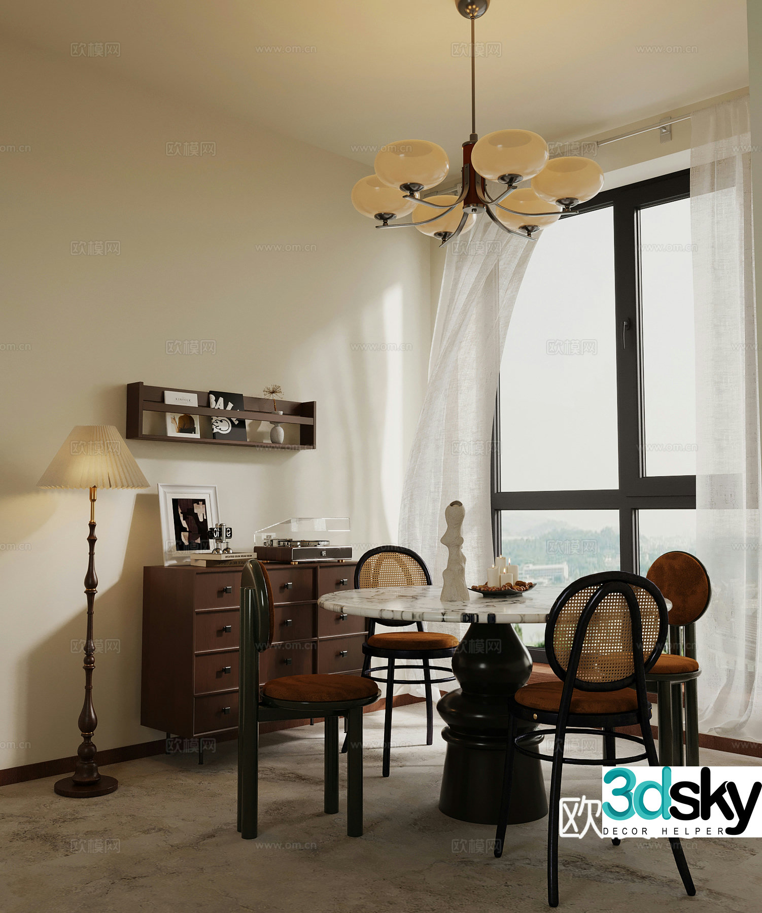 Middle-aged restaurant dining table and chairs side cabinet floor lamp 3d model