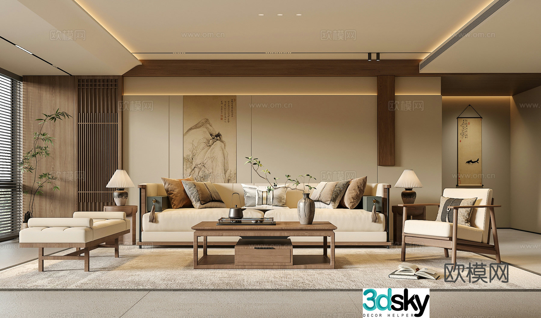 Song’s medieval style living room sofa and coffee table combination green plants accessories desk lamp chandeliers back 3D model
