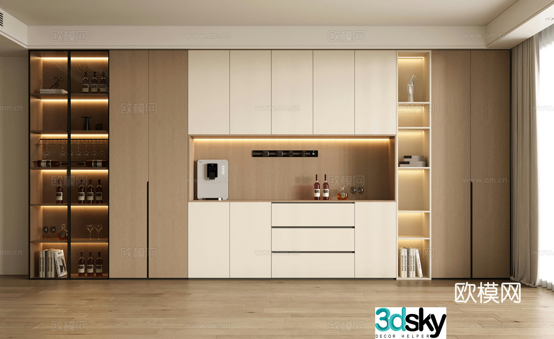 Modern cream style wine cabinet medieval style wine cabinet sideboard movable track socket ornament 3D model