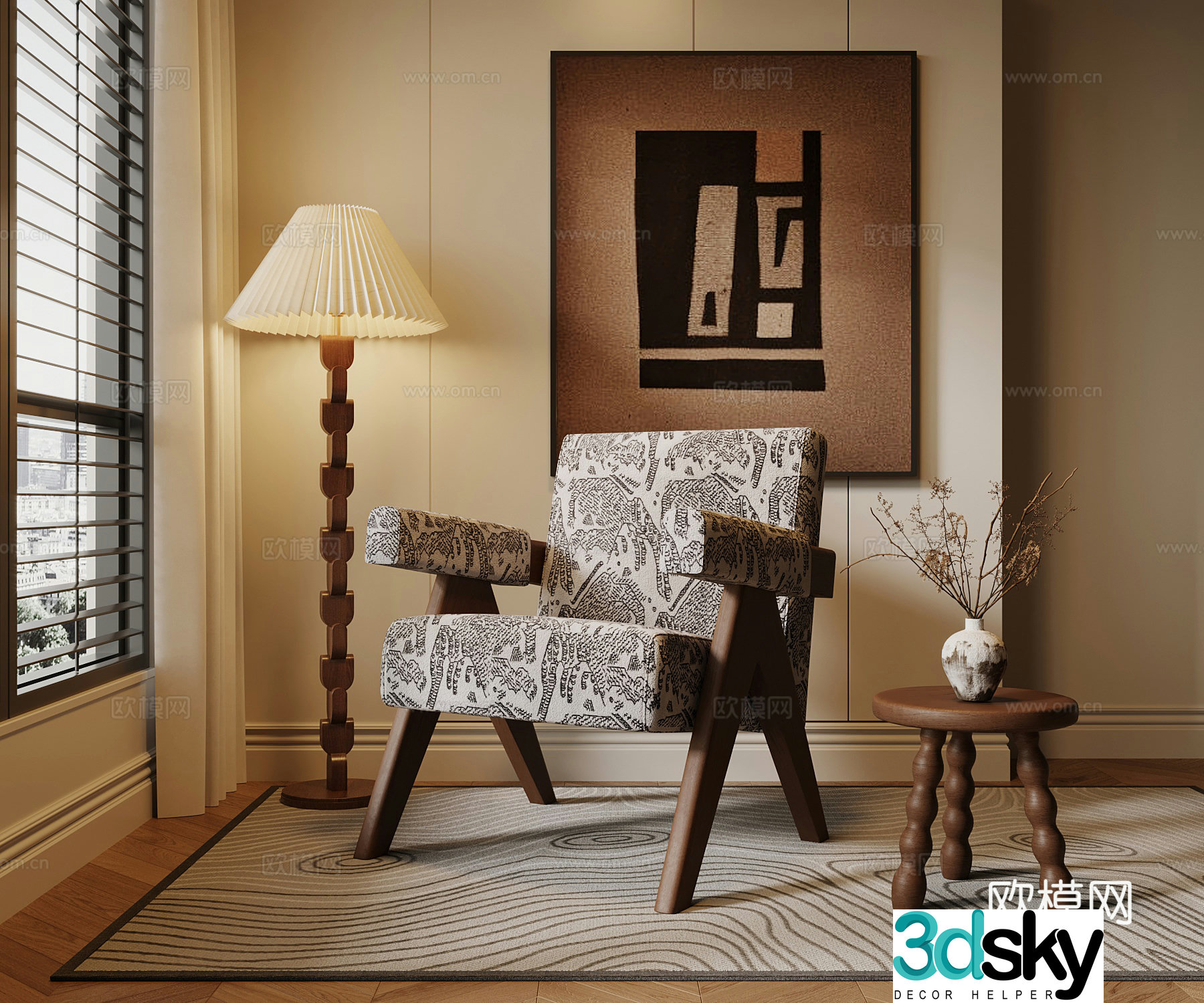 Medium style leisure chair floor lamp side table decorative painting 3D model