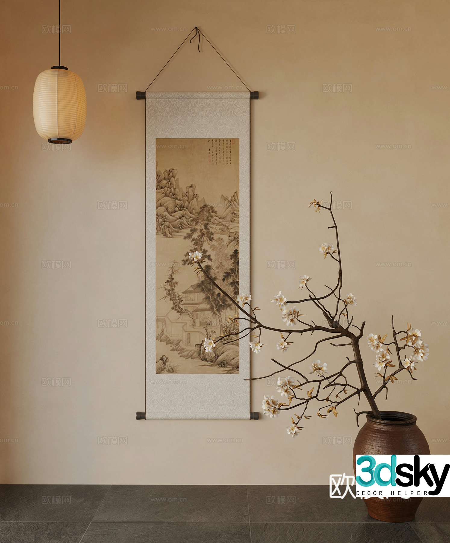 New Chinese style decorative painting pottery jar vase flower art dry branches tree branches small chandelier 3d model