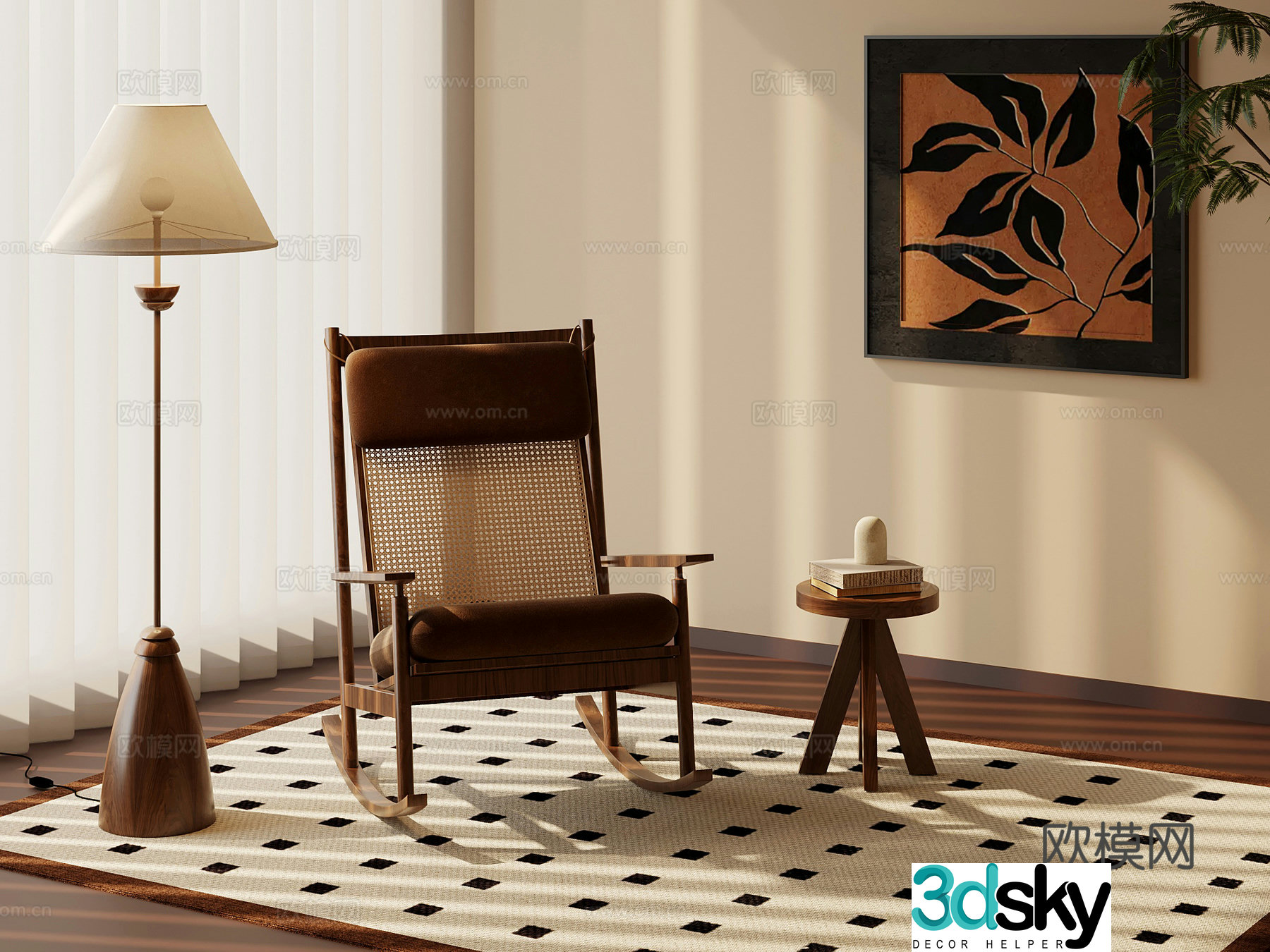 Rocking chair medieval style rocking chair floor lamp side table decorative hanging painting 3D model