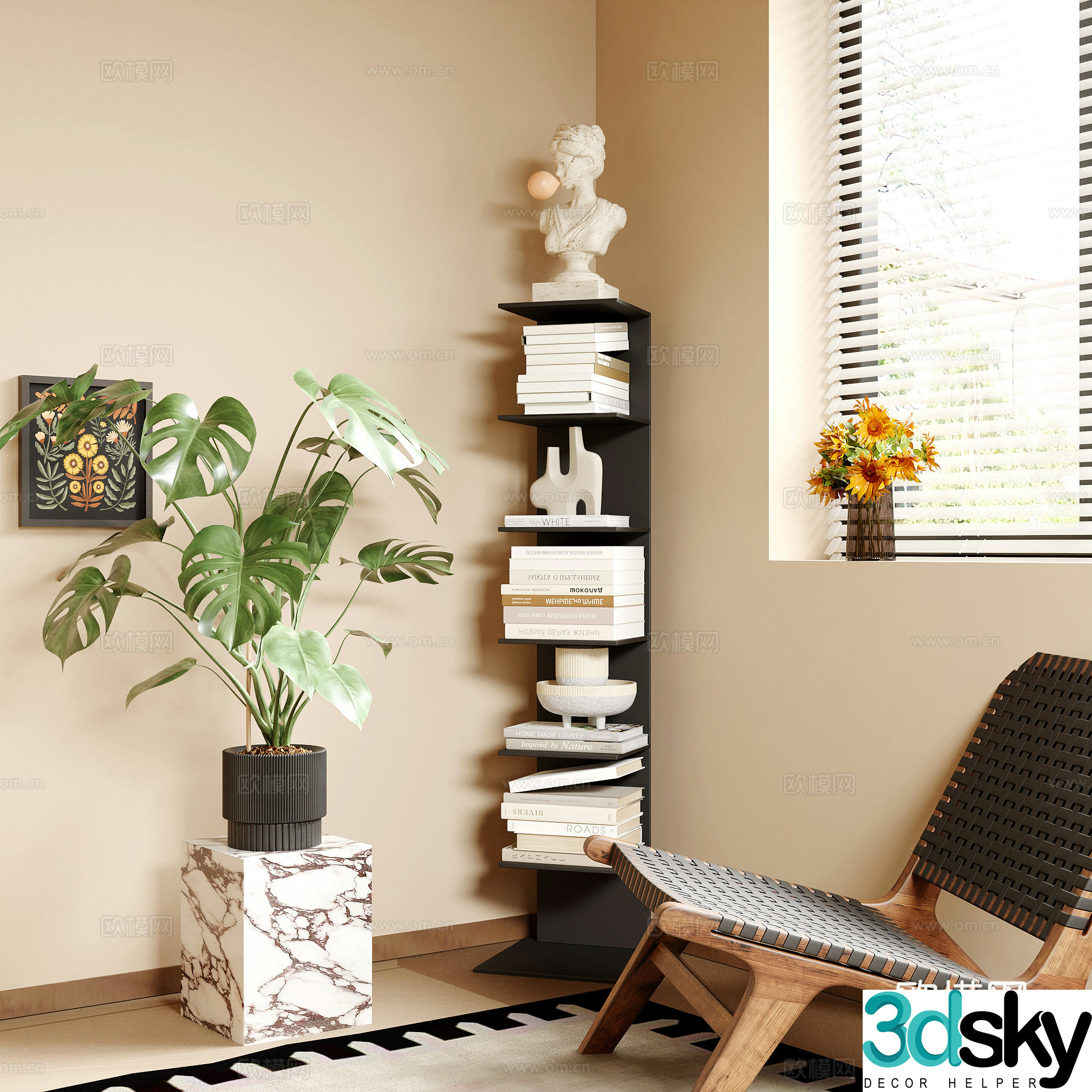Middle-aged corner cabinet storage rack rattan chair leisure chair stool 3D model