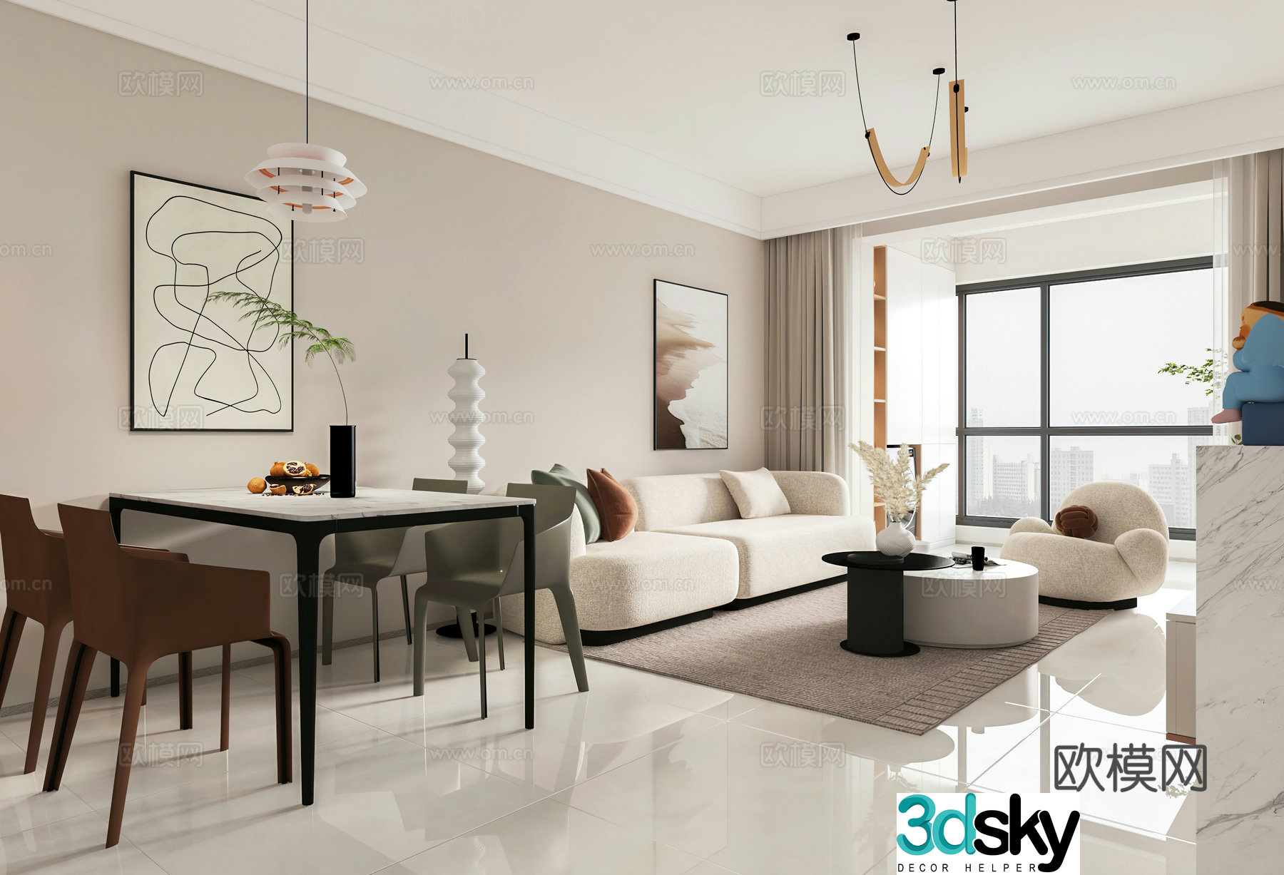 Modern living and dining room open kitchen dry area wine cabinet 3D model